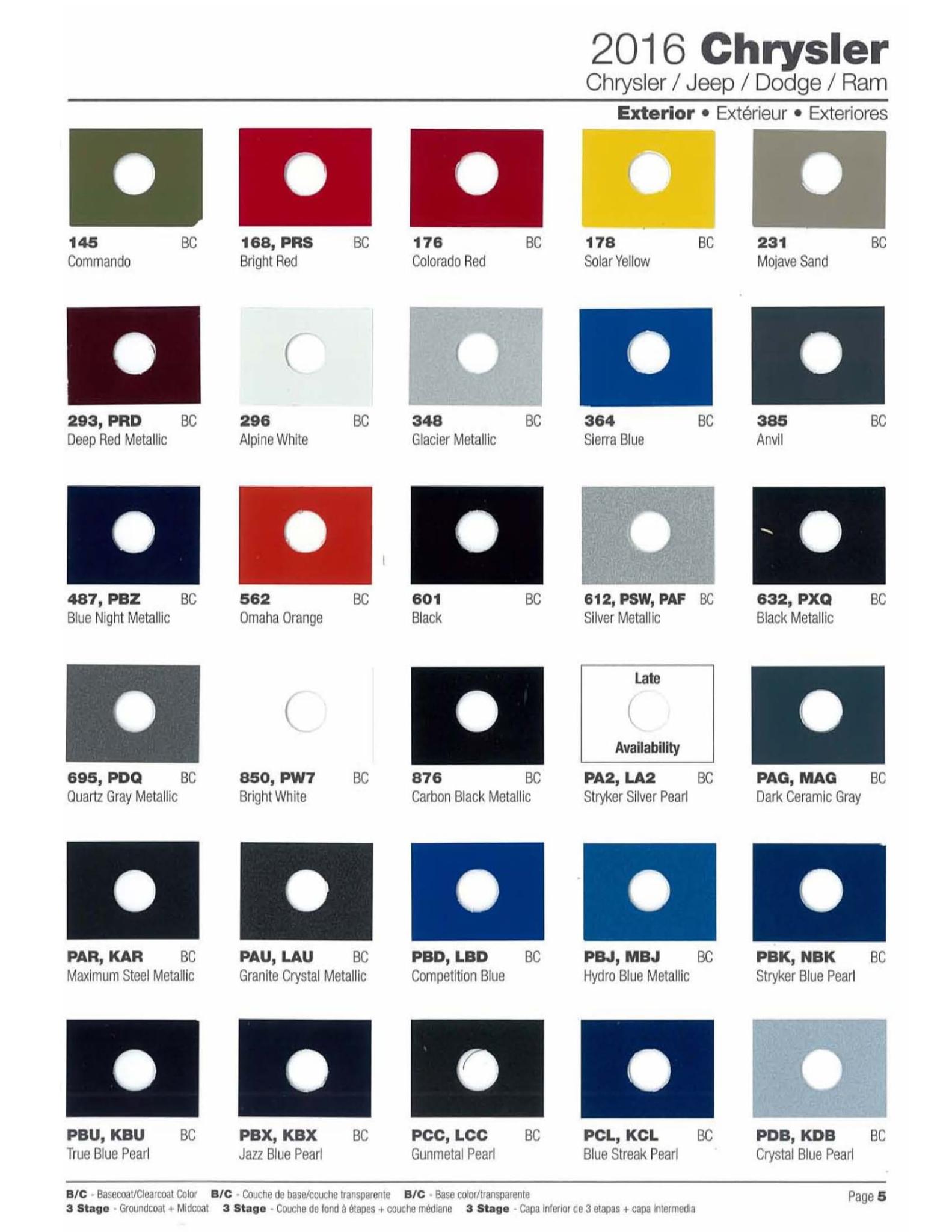 Chrysler Paint (Color) Code Chart For Exterior Vehicles