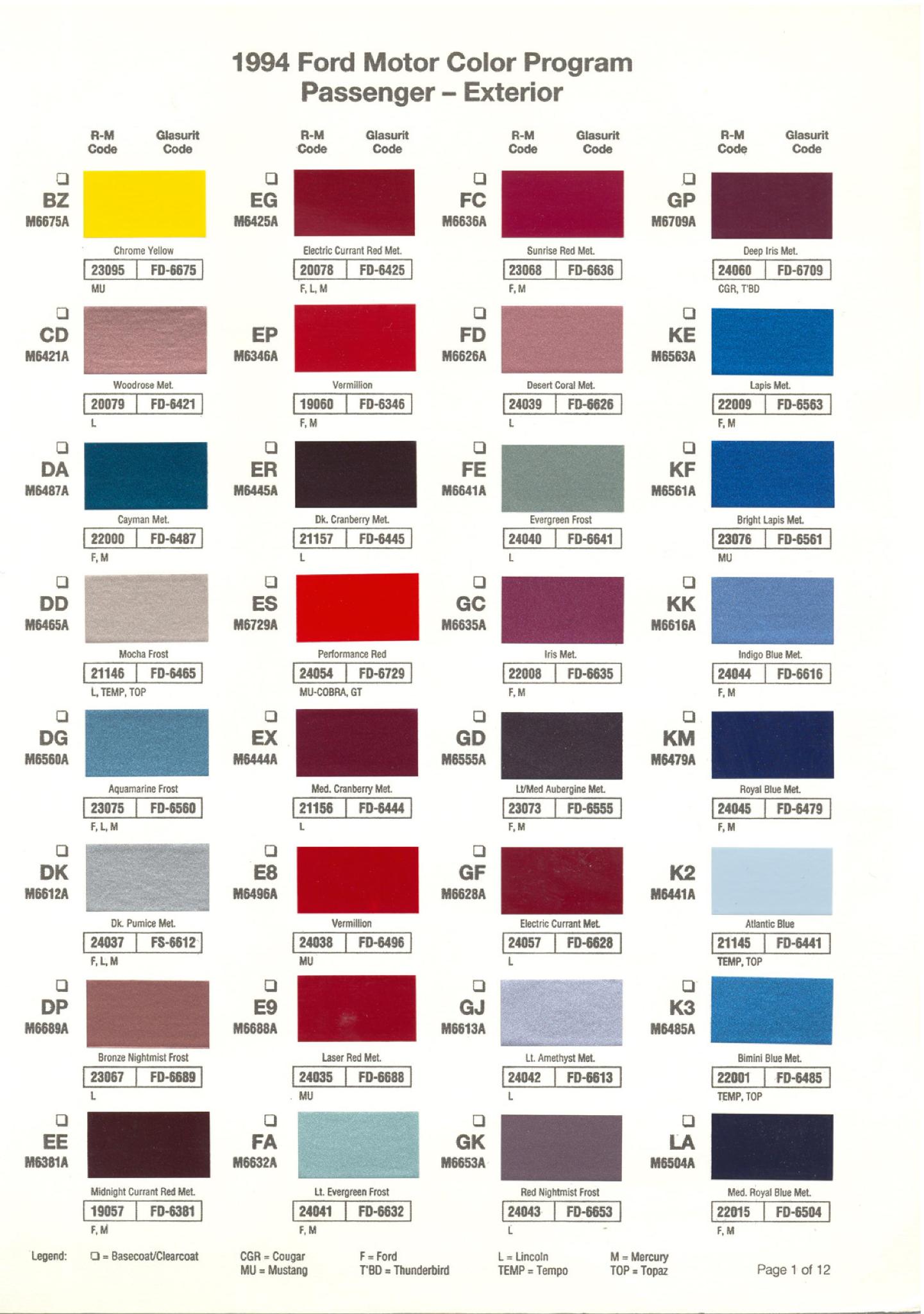 Ford Motor Vehicle Color Code Chart/Page Paint