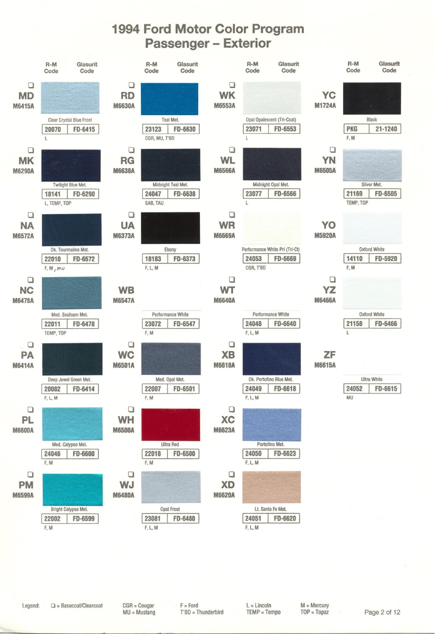 Ford Motor Vehicle Color Code Chart/Page Paint