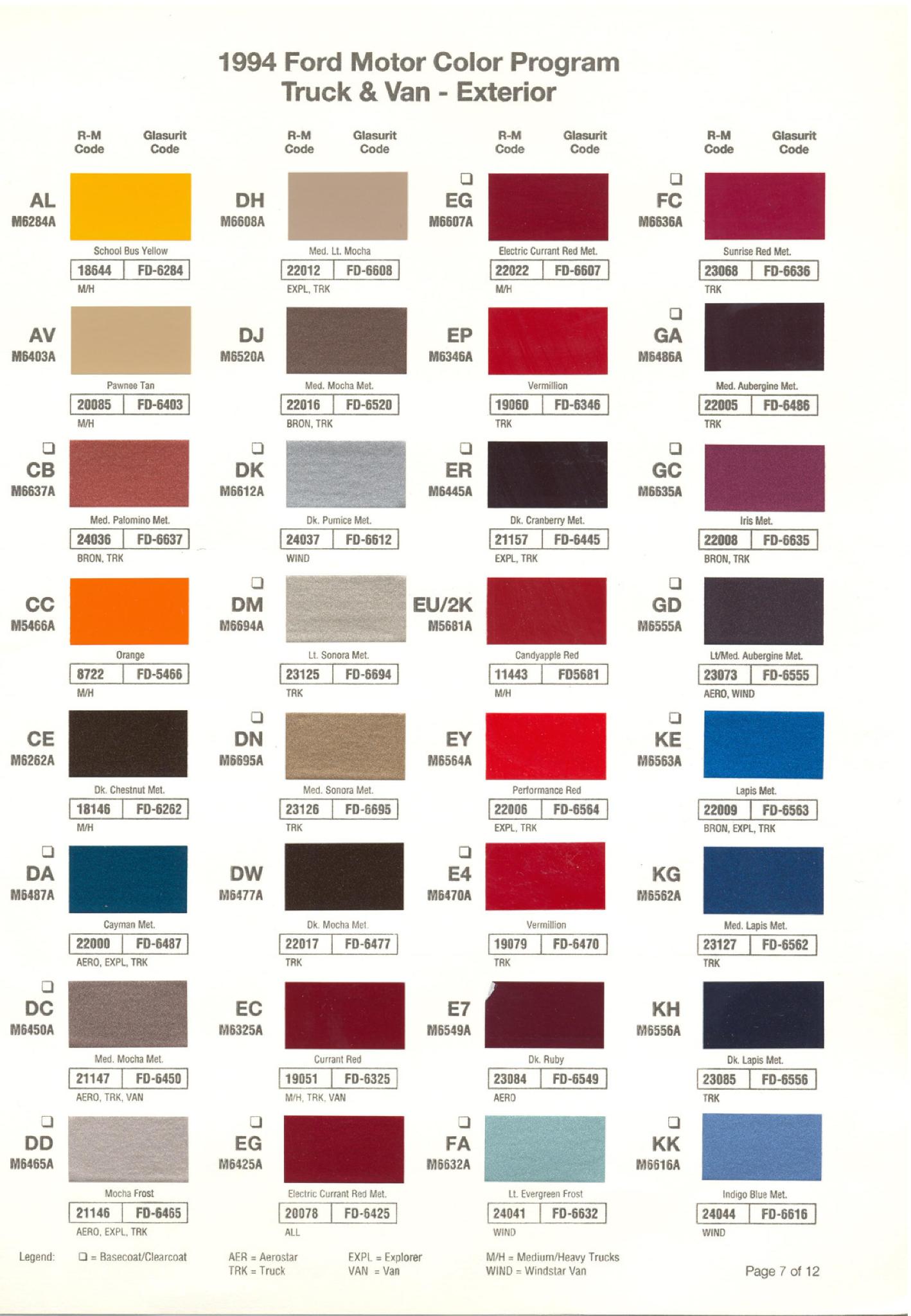 Ford Motor Vehicle Color Code Chart/Page Paint