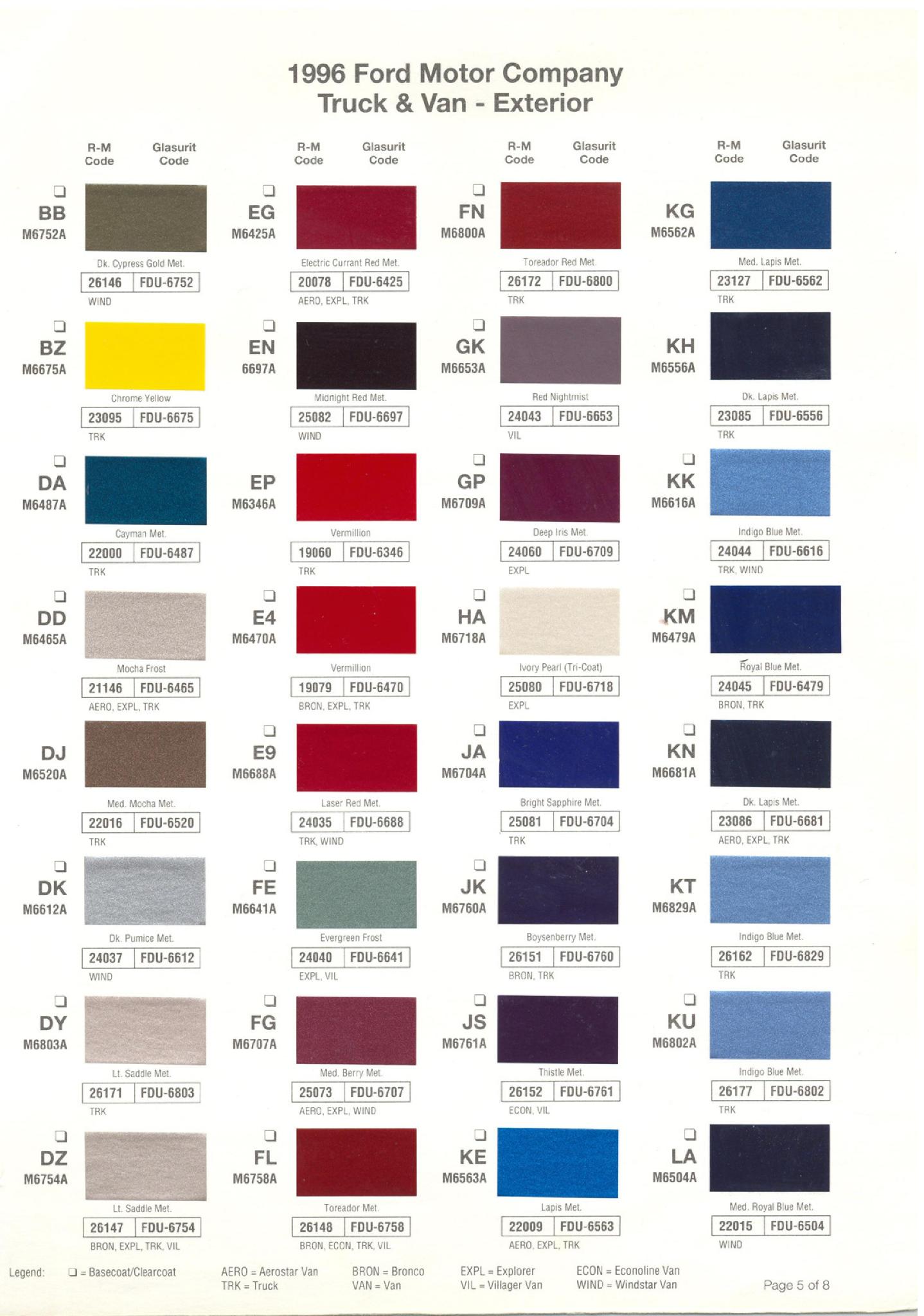 Ford Motor Vehicle Color Code Chart/Page Paint