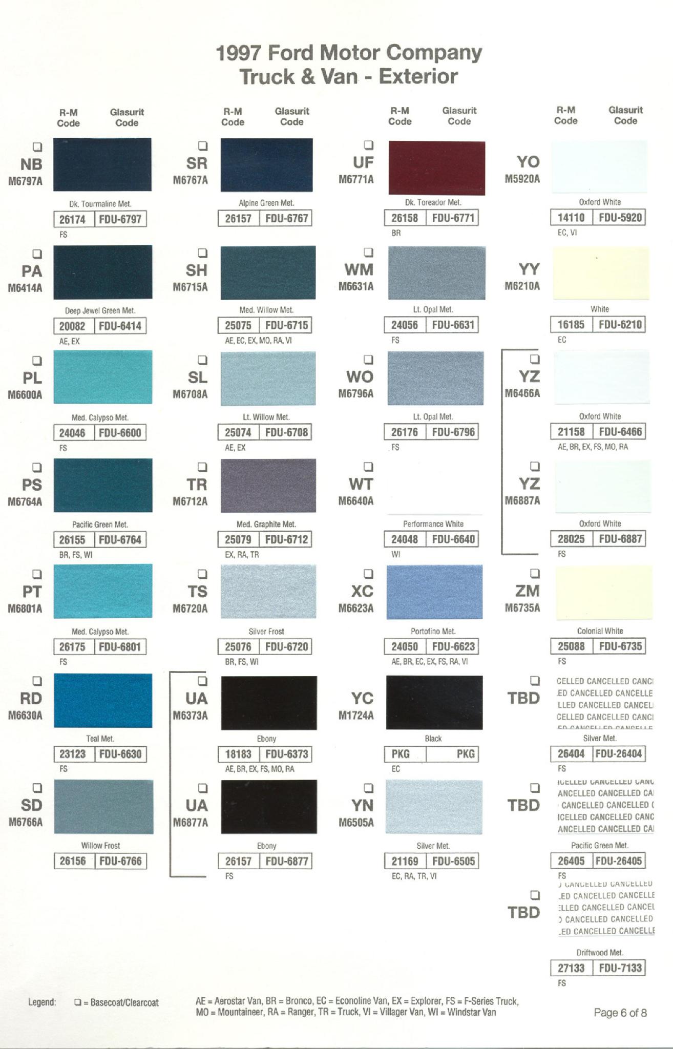 Ford Motor Vehicle Color Code Chart/Page Paint