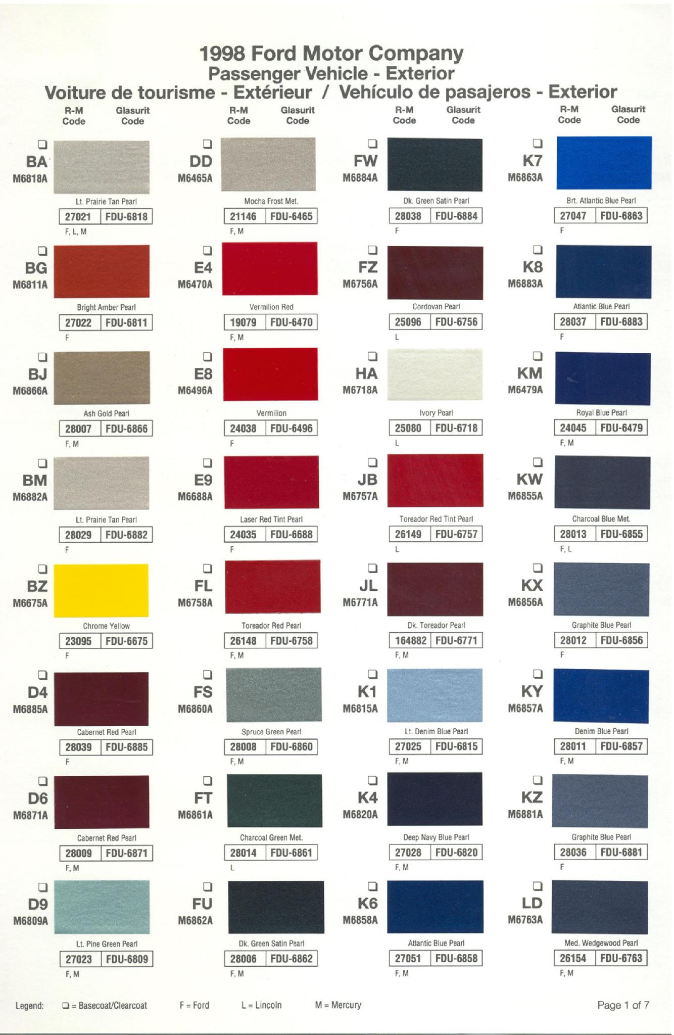 Ford Motor Vehicle Color Code Chart/Page Paint