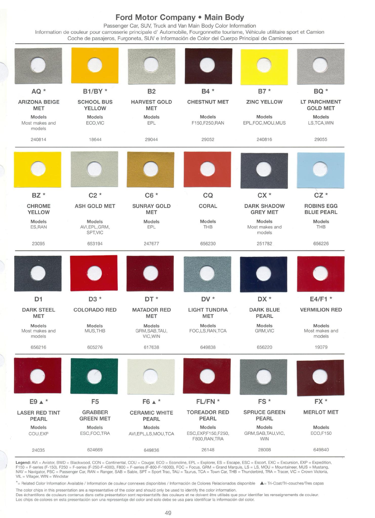 Ford Motor Vehicle Color Code Chart/Page Paint