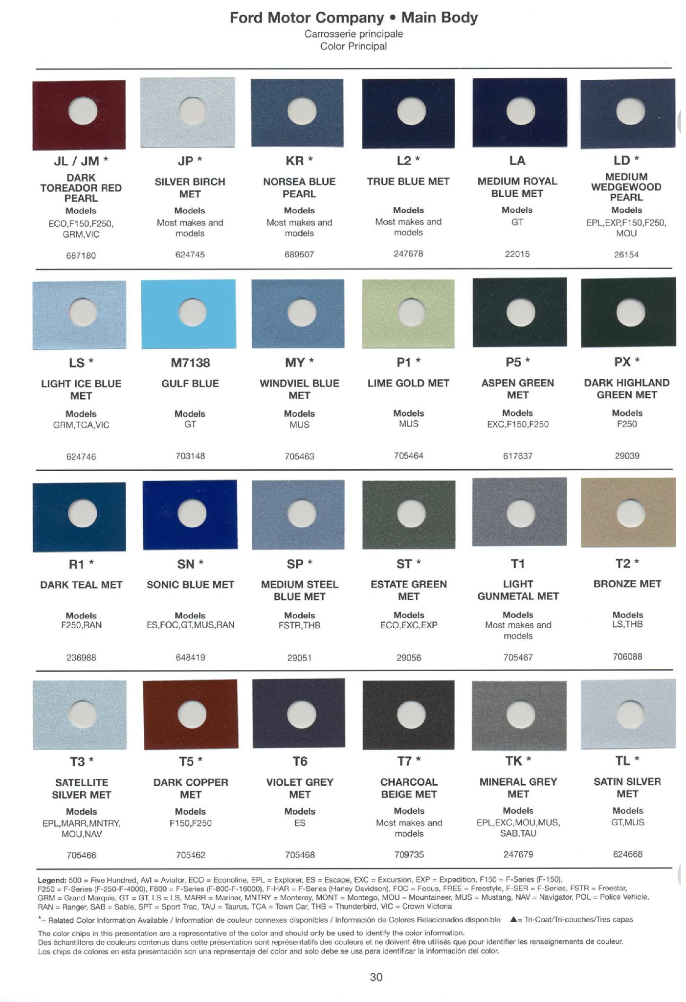 Ford Motor Vehicle Color Code Chart/Page Paint