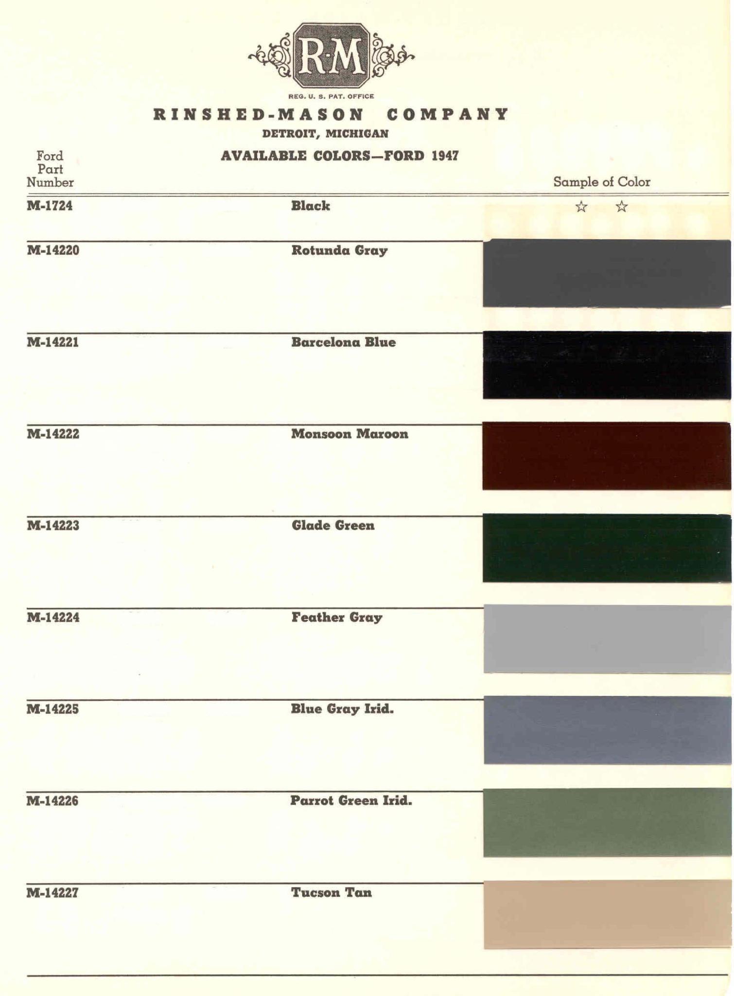 Ford Motor Vehicle Color Code Chart/Page Paint