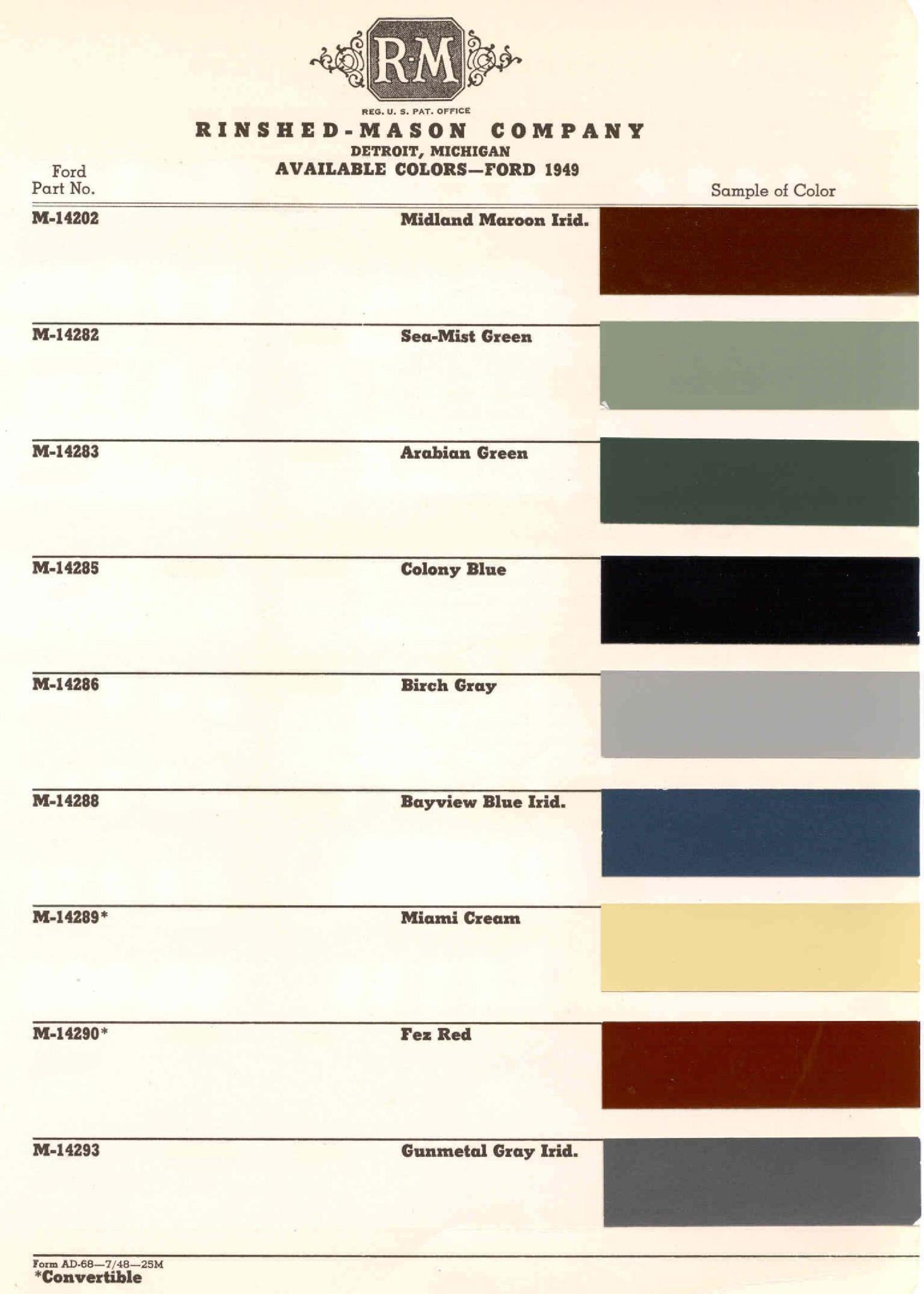 Ford Motor Vehicle Color Code Chart/Page Paint