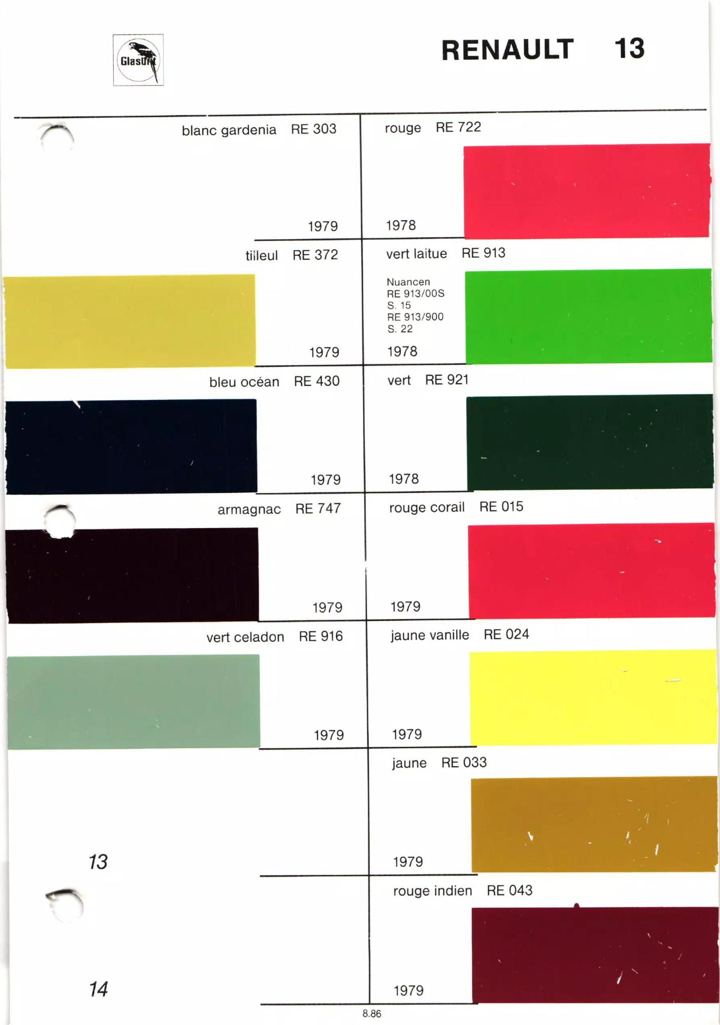 different paint swatches from exterior Renault Automobiles with their paint number, year, and color name.