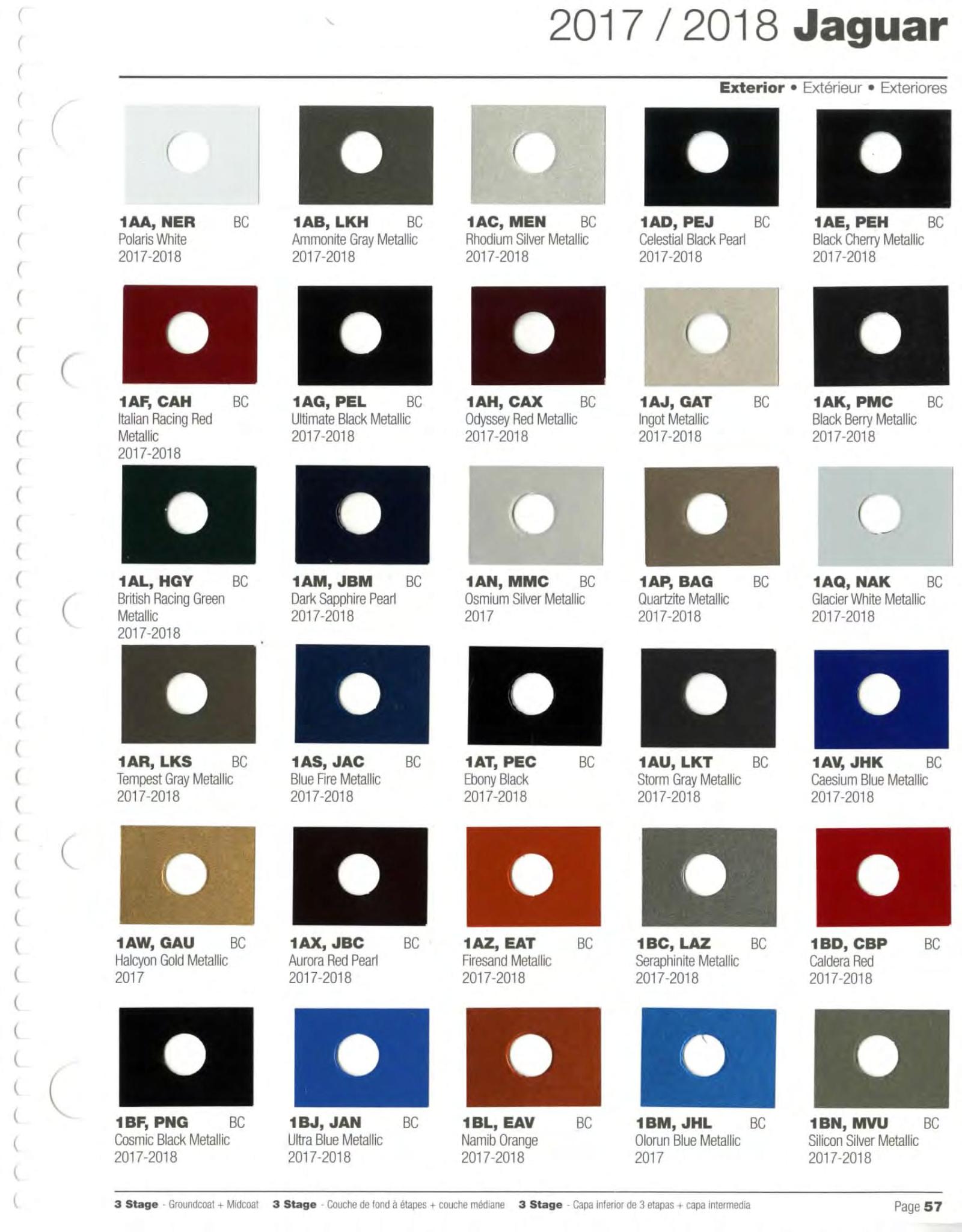 paint swatches and codes used on jaguar vehicles