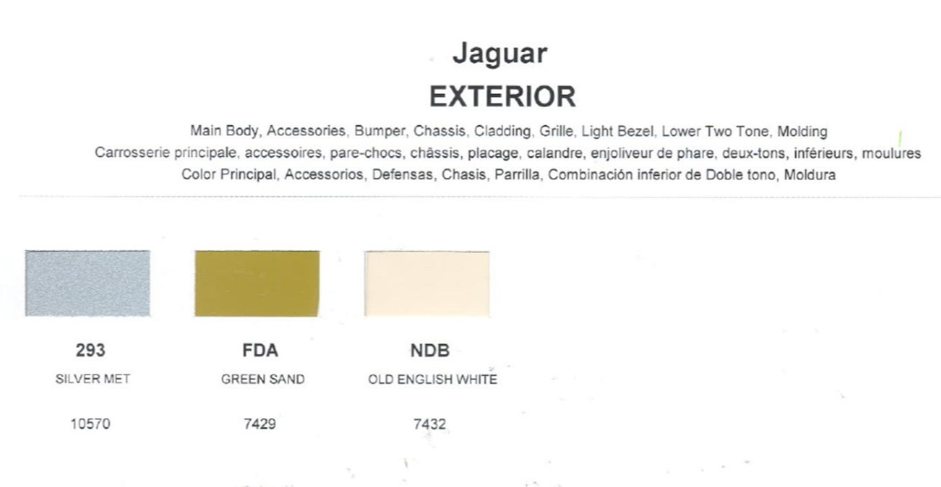 paint swatches and codes used on jaguar vehicles