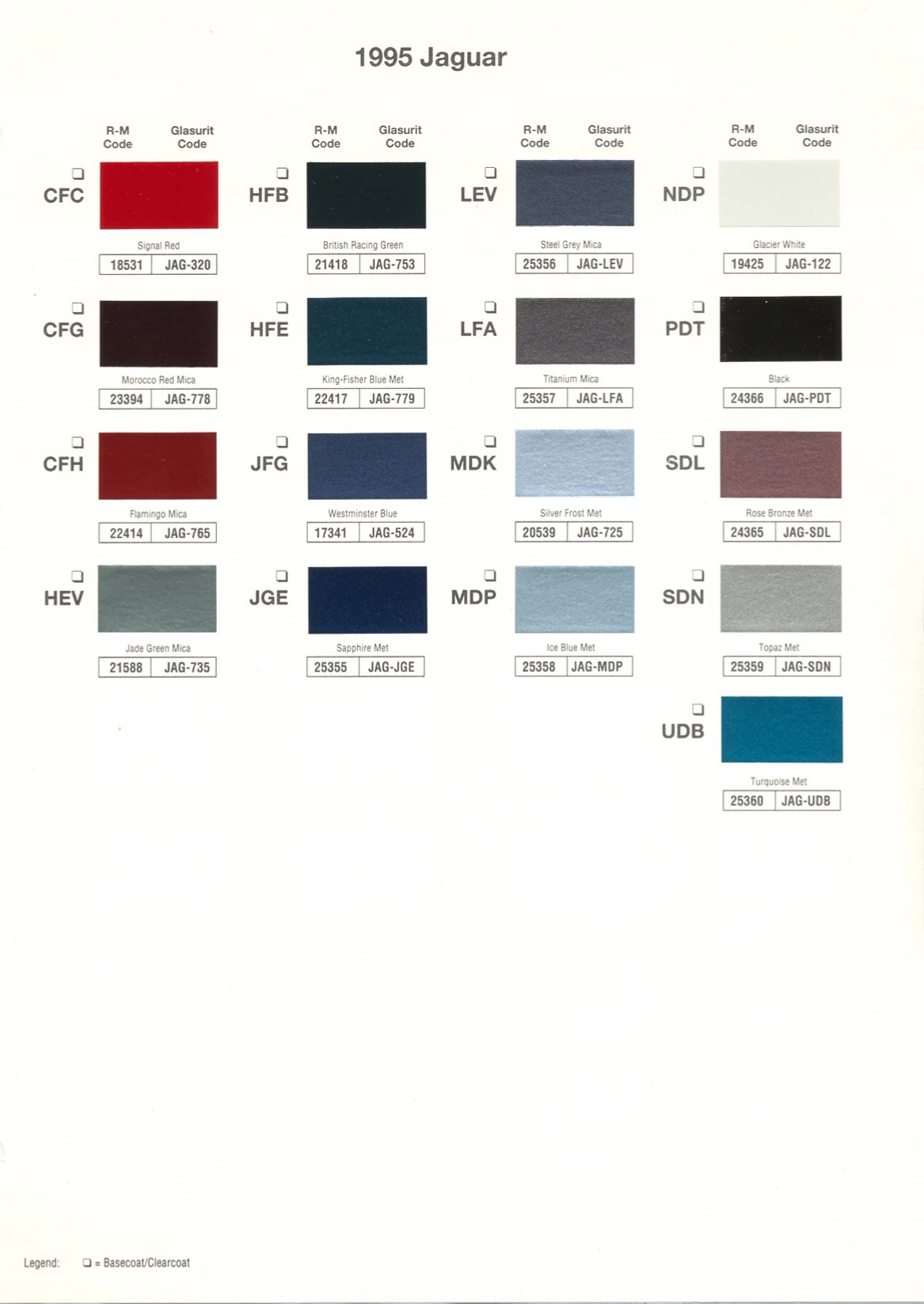 paint swatches and codes used on jaguar vehicles