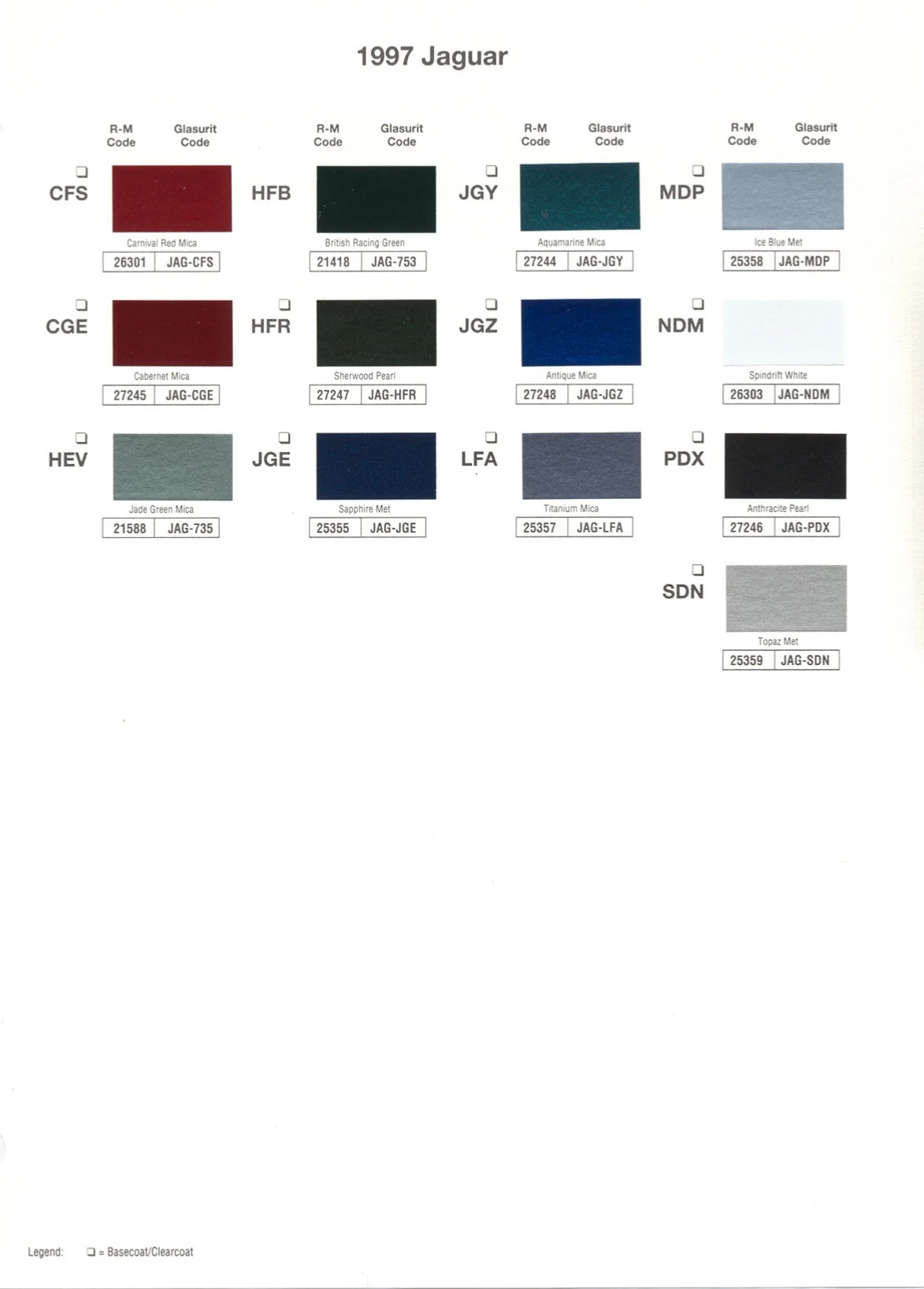 paint swatches and codes used on jaguar vehicles