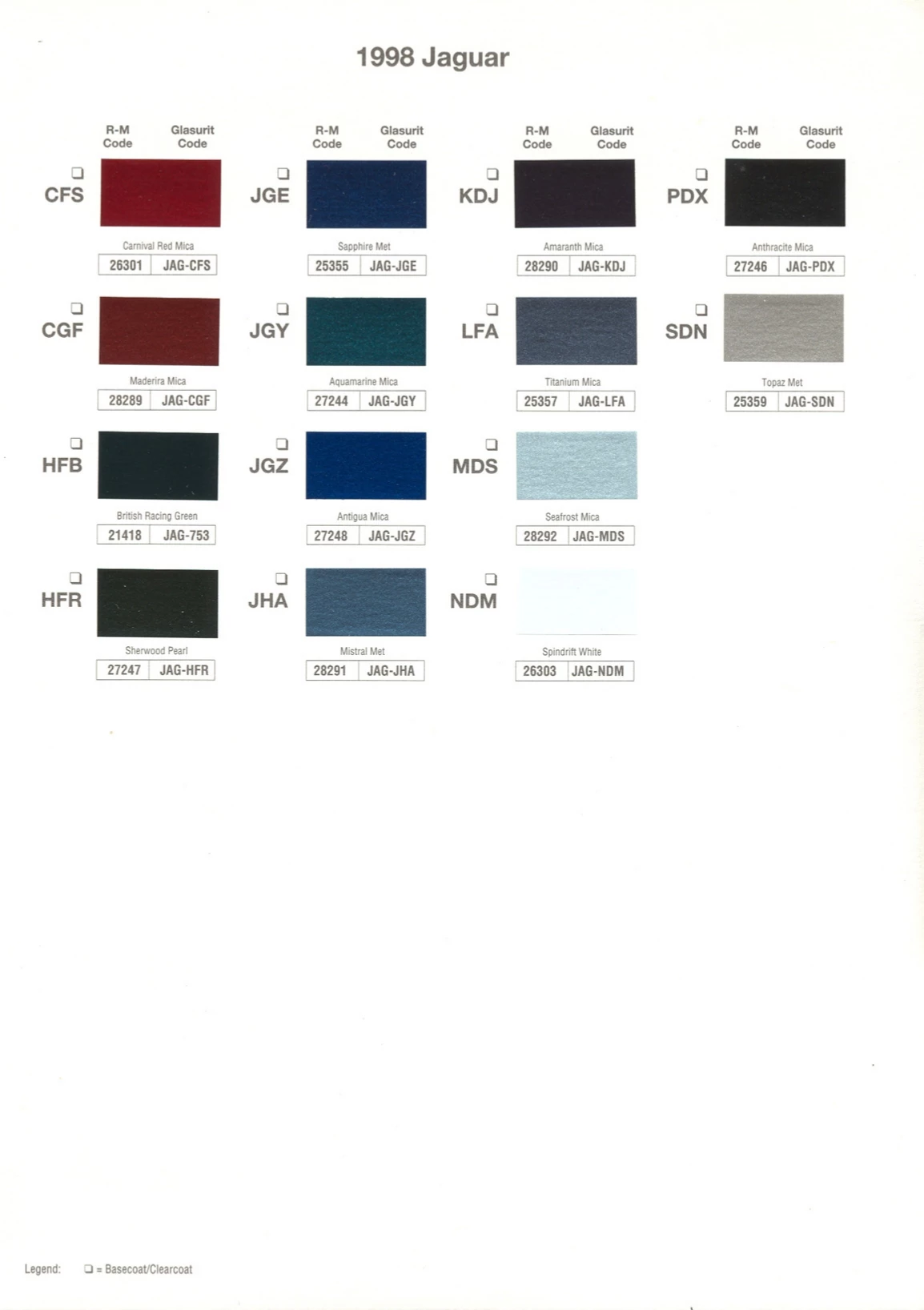 paint swatches and codes used on jaguar vehicles