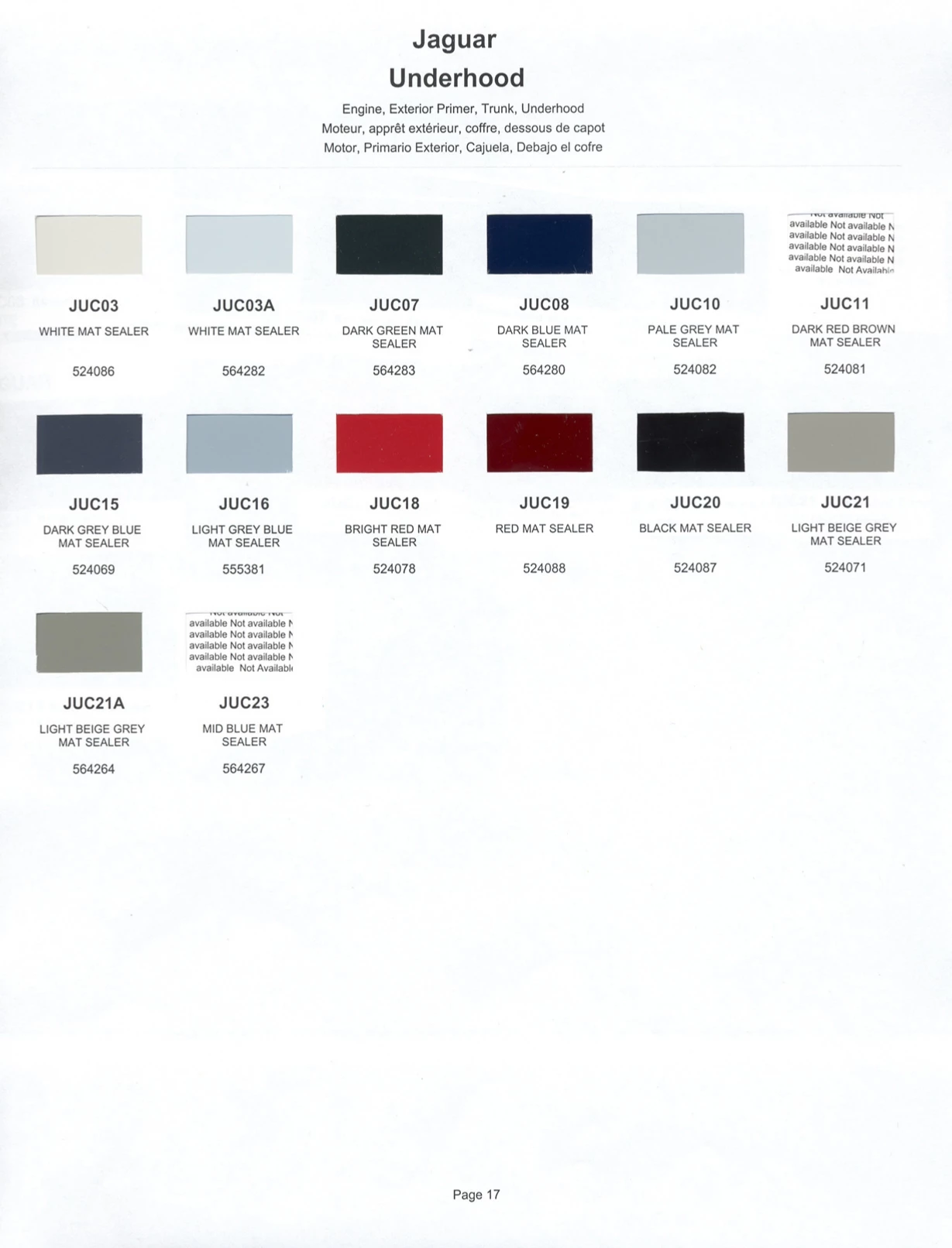 paint swatches and codes used on jaguar vehicles