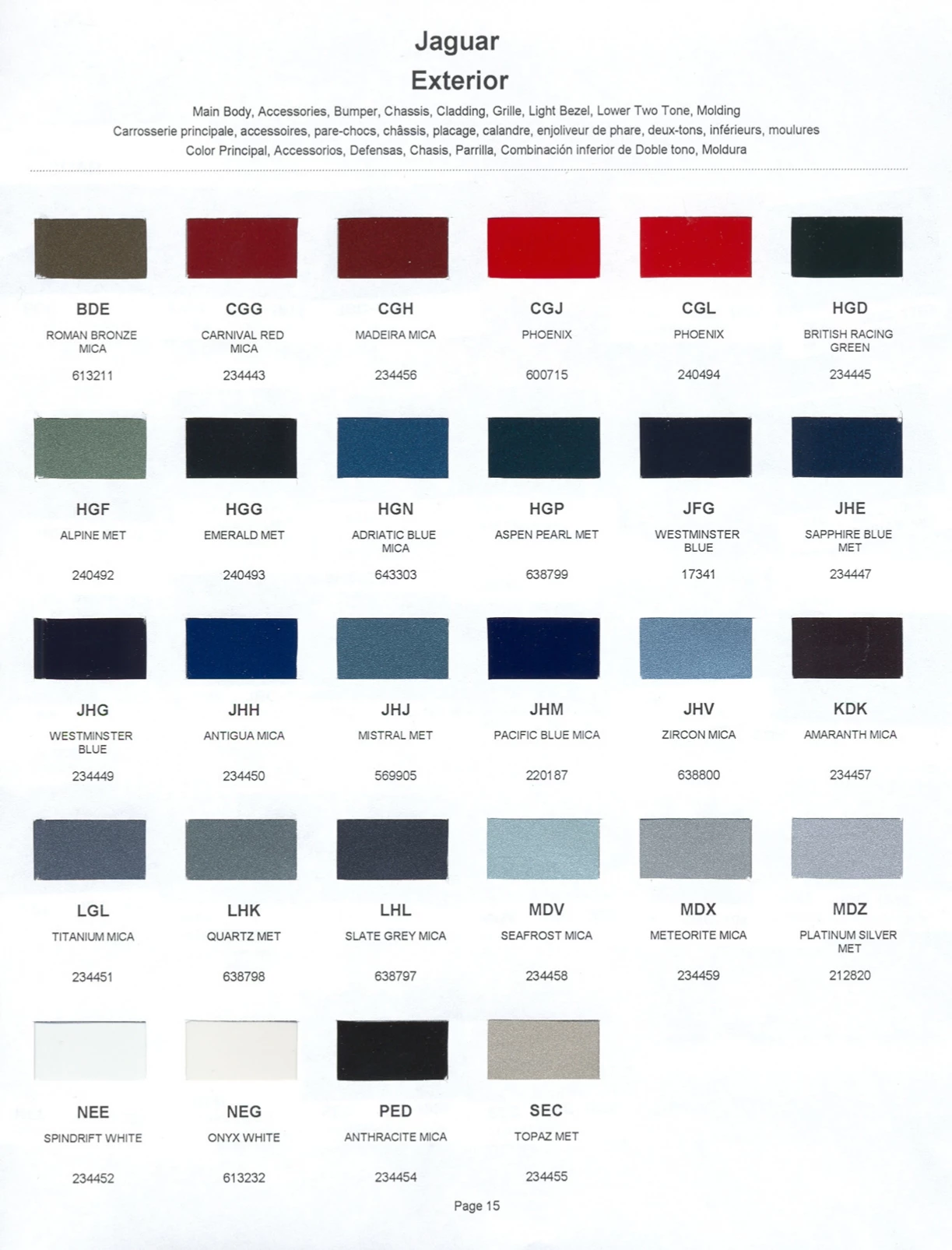 paint swatches and codes used on jaguar vehicles