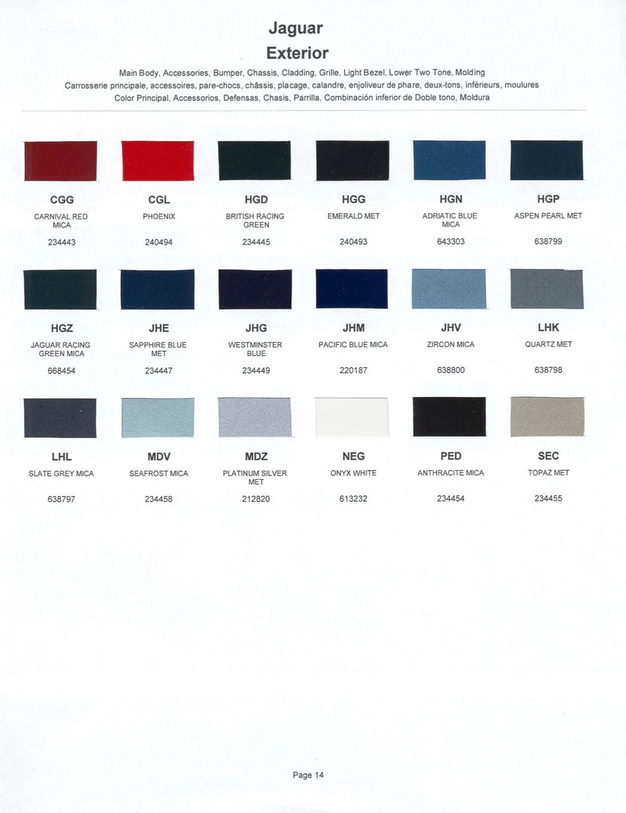 paint swatches and codes used on jaguar vehicles