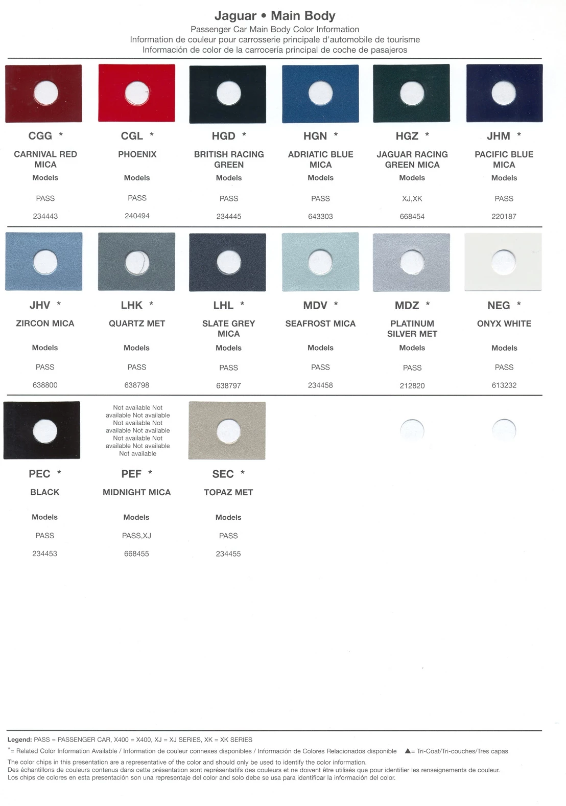 paint swatches and codes used on jaguar vehicles