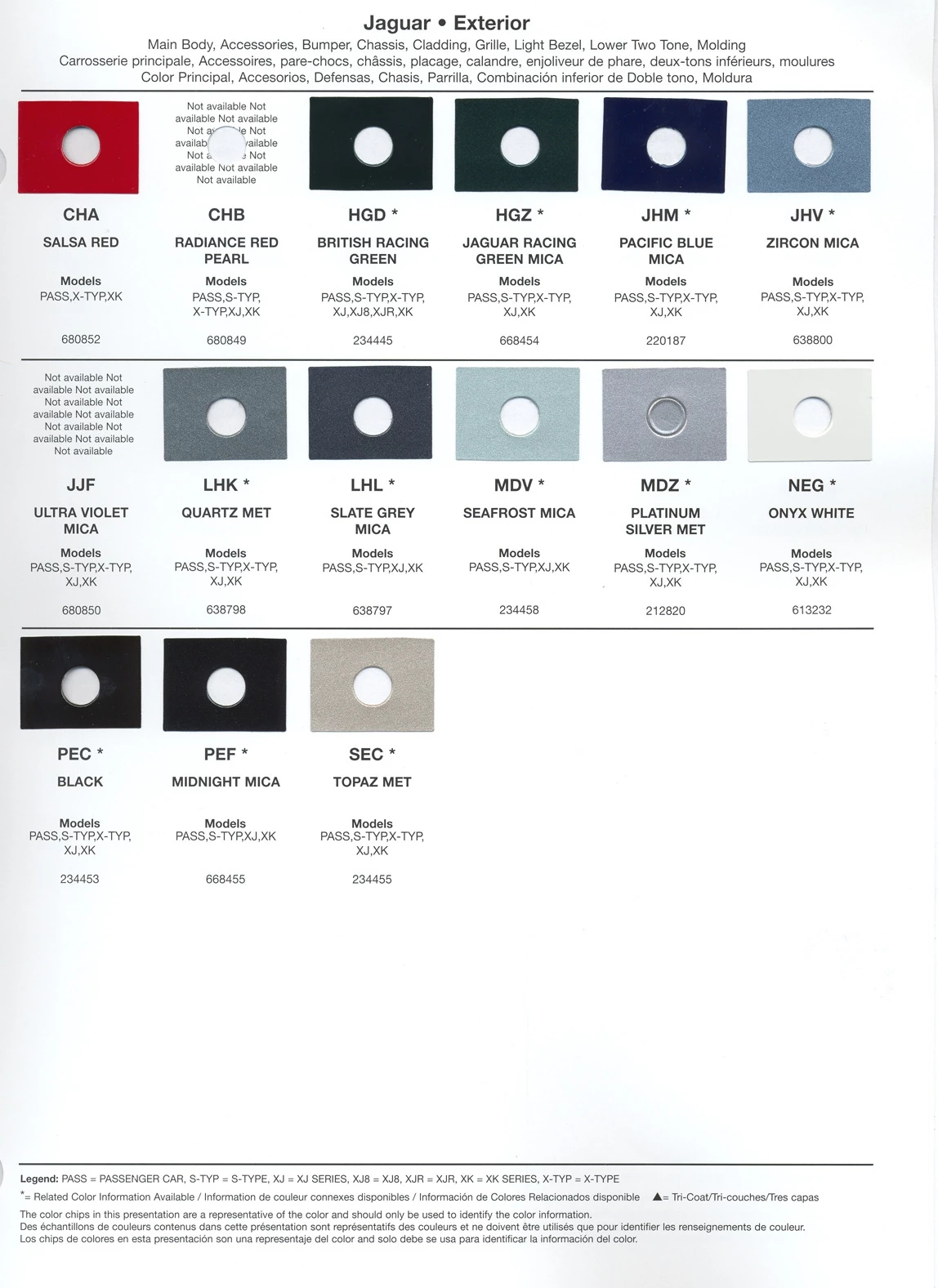 paint swatches and codes used on jaguar vehicles