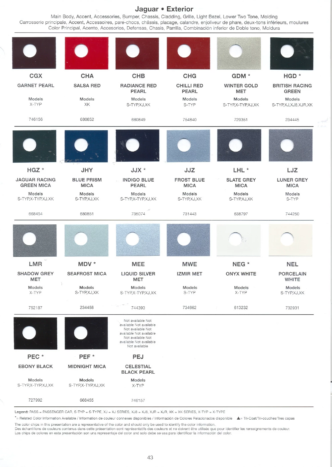 paint swatches and codes used on jaguar vehicles