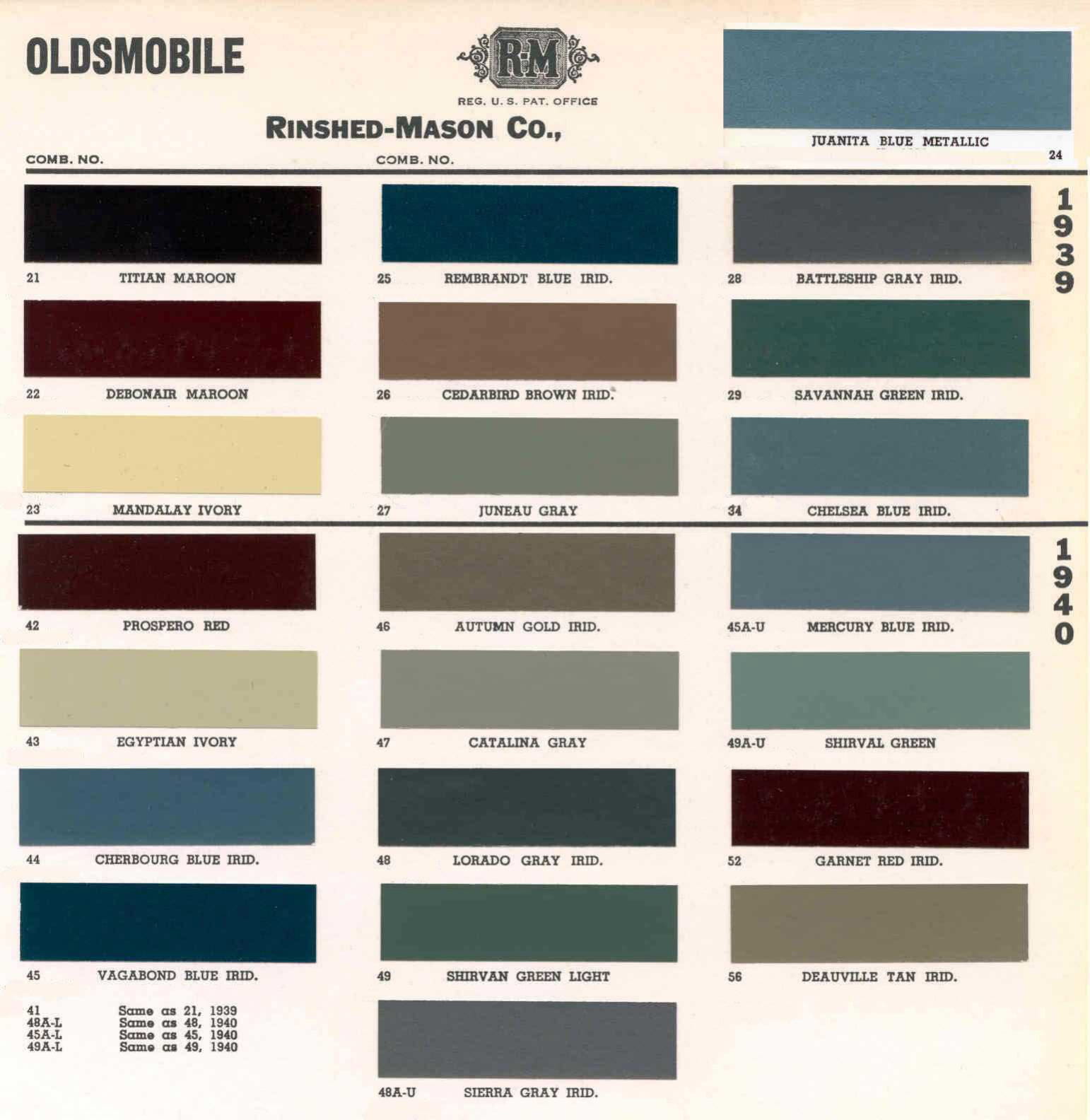 Oldsmobile Paint & Color Code Chart