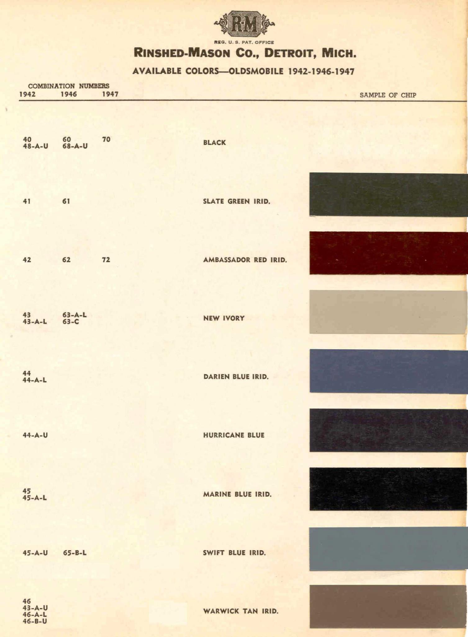 Oldsmobile Paint & Color Code Chart