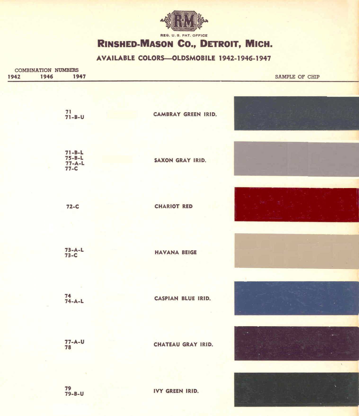 Oldsmobile Paint & Color Code Chart