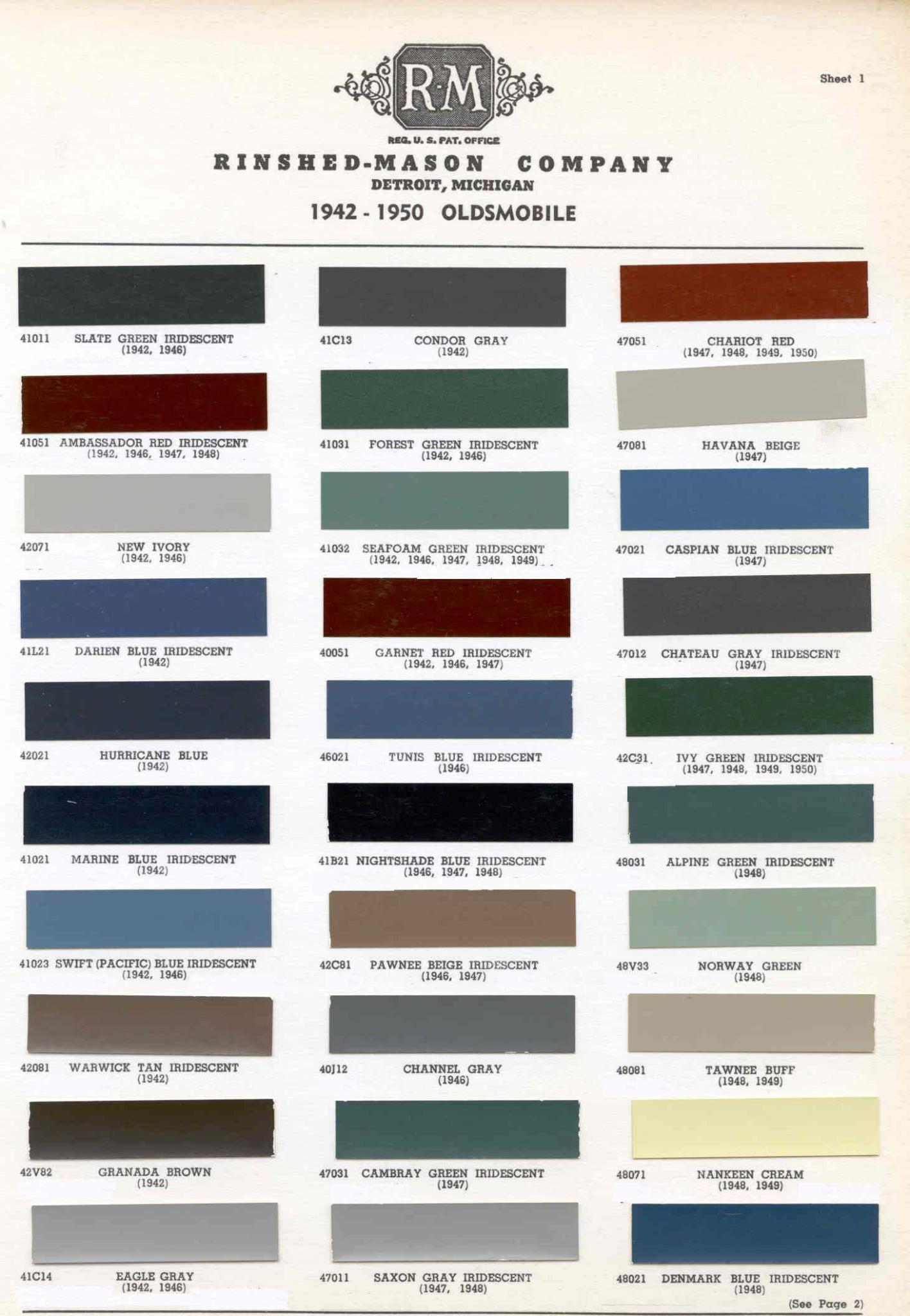 Oldsmobile Paint & Color Code Chart