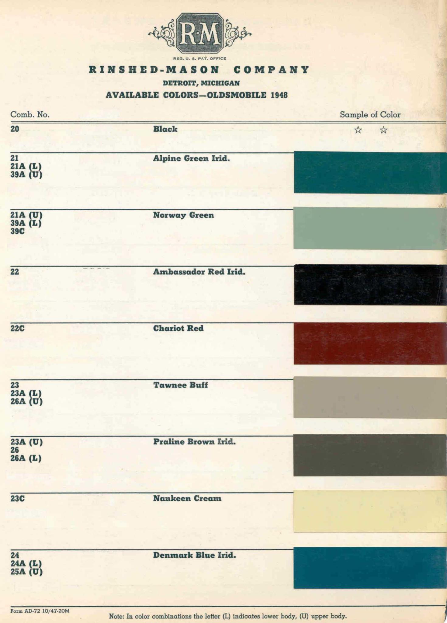 Oldsmobile Paint & Color Code Chart