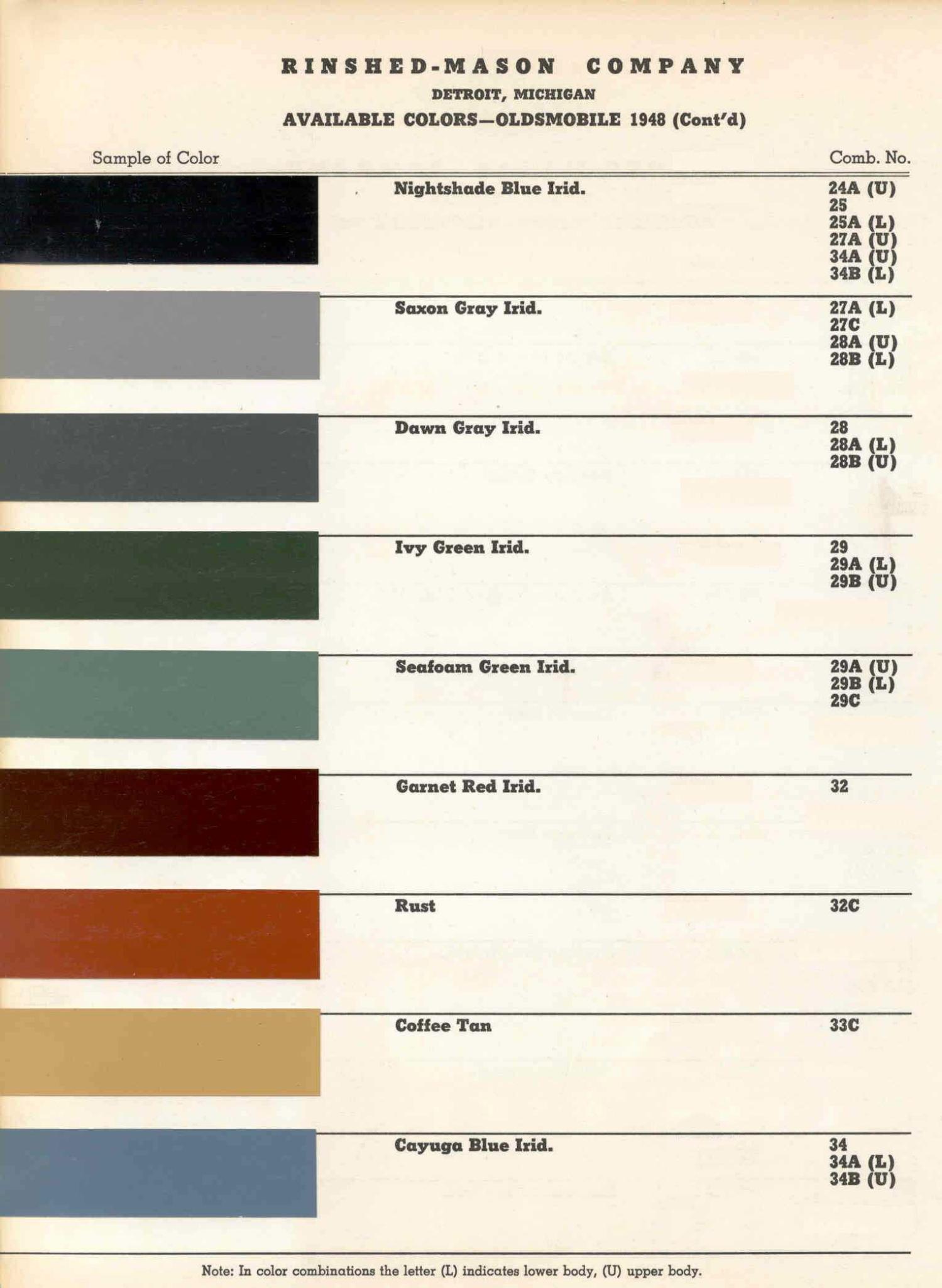 Oldsmobile Paint & Color Code Chart