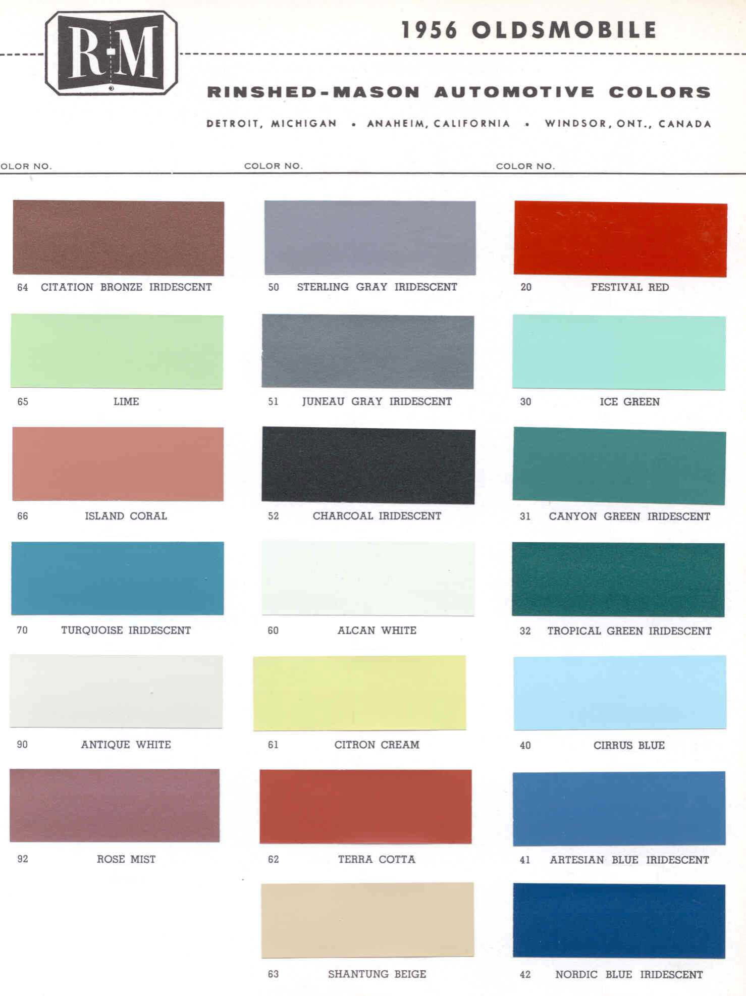 Oldsmobile Paint & Color Code Chart