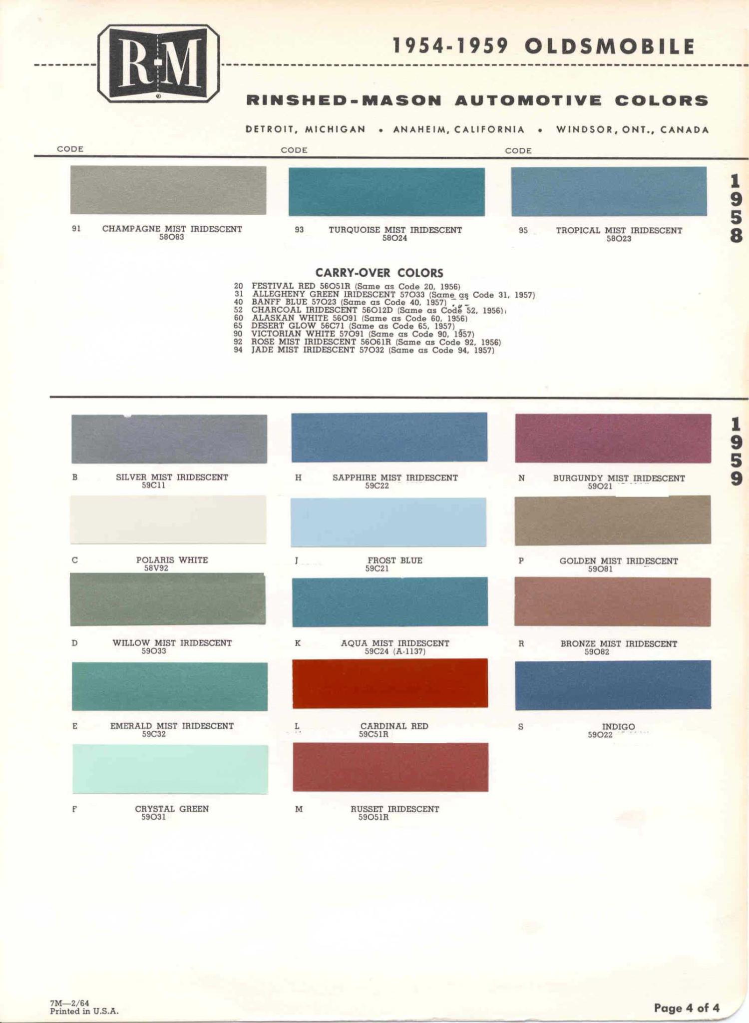 Oldsmobile Paint & Color Code Chart