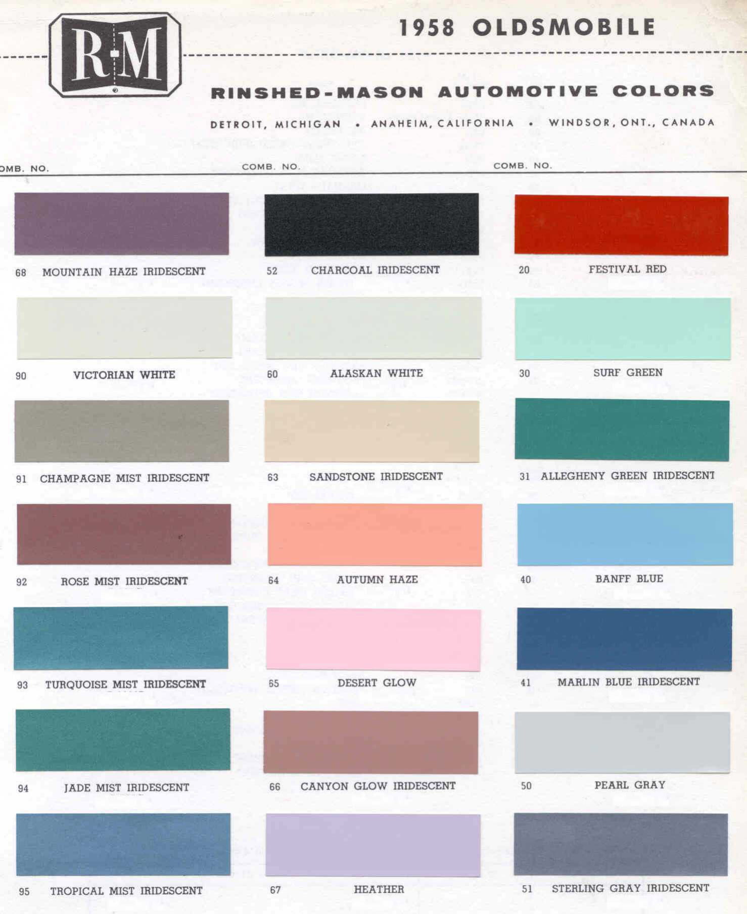 Oldsmobile Paint & Color Code Chart