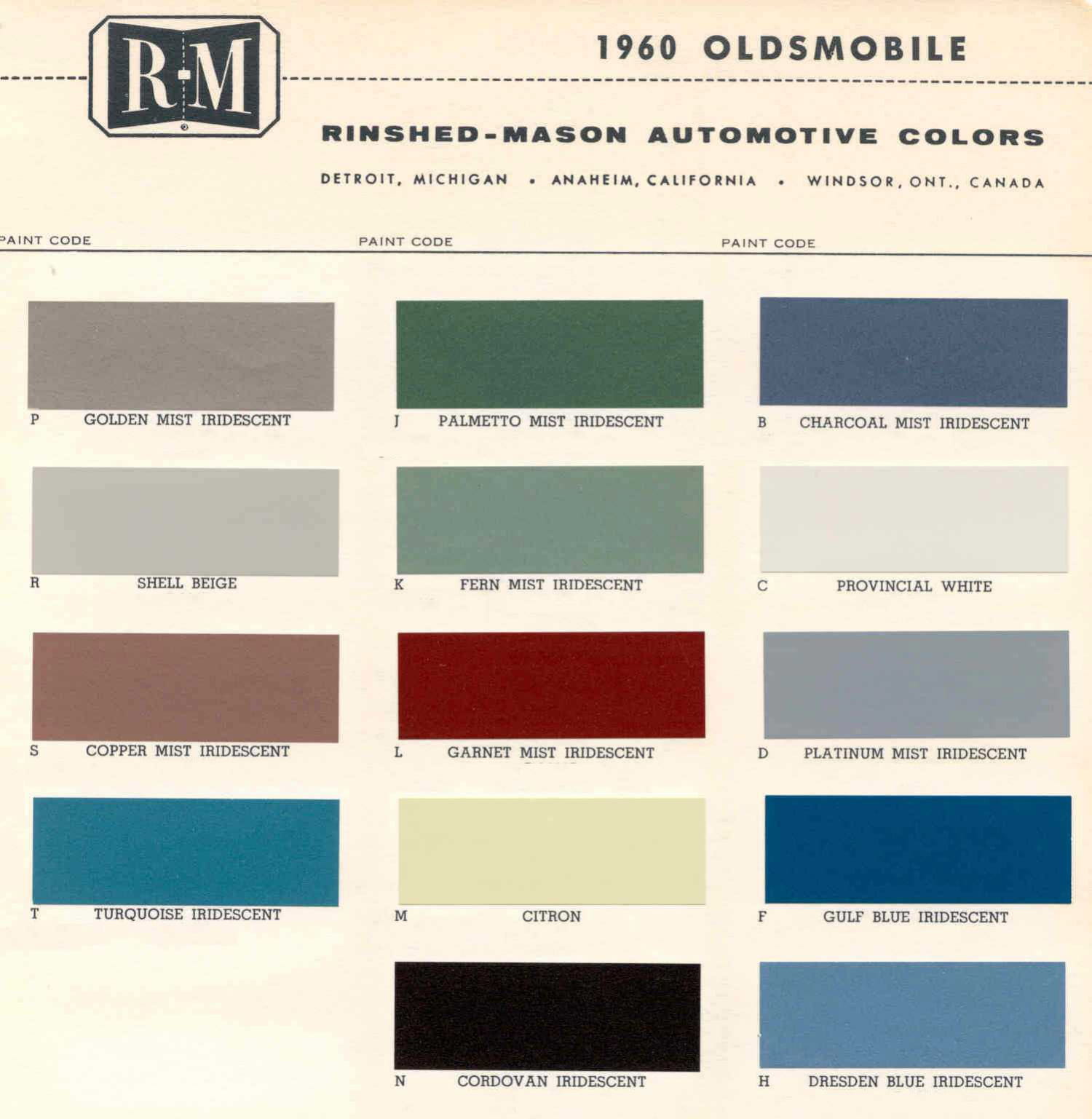 Oldsmobile Paint & Color Code Chart