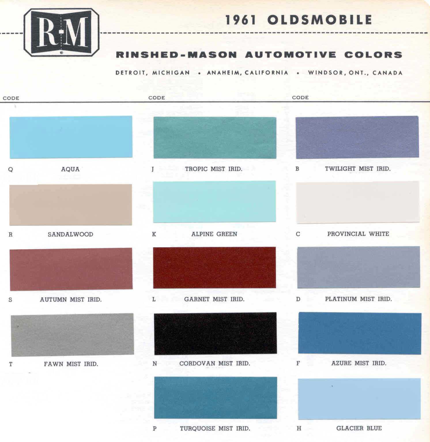 Oldsmobile Paint & Color Code Chart