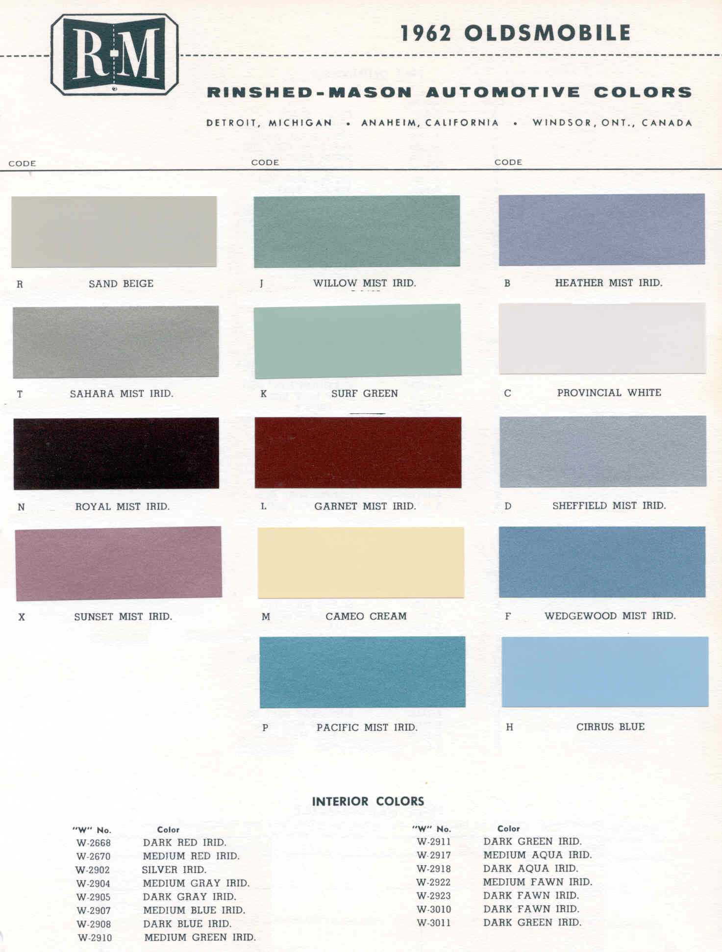 Oldsmobile Paint & Color Code Chart