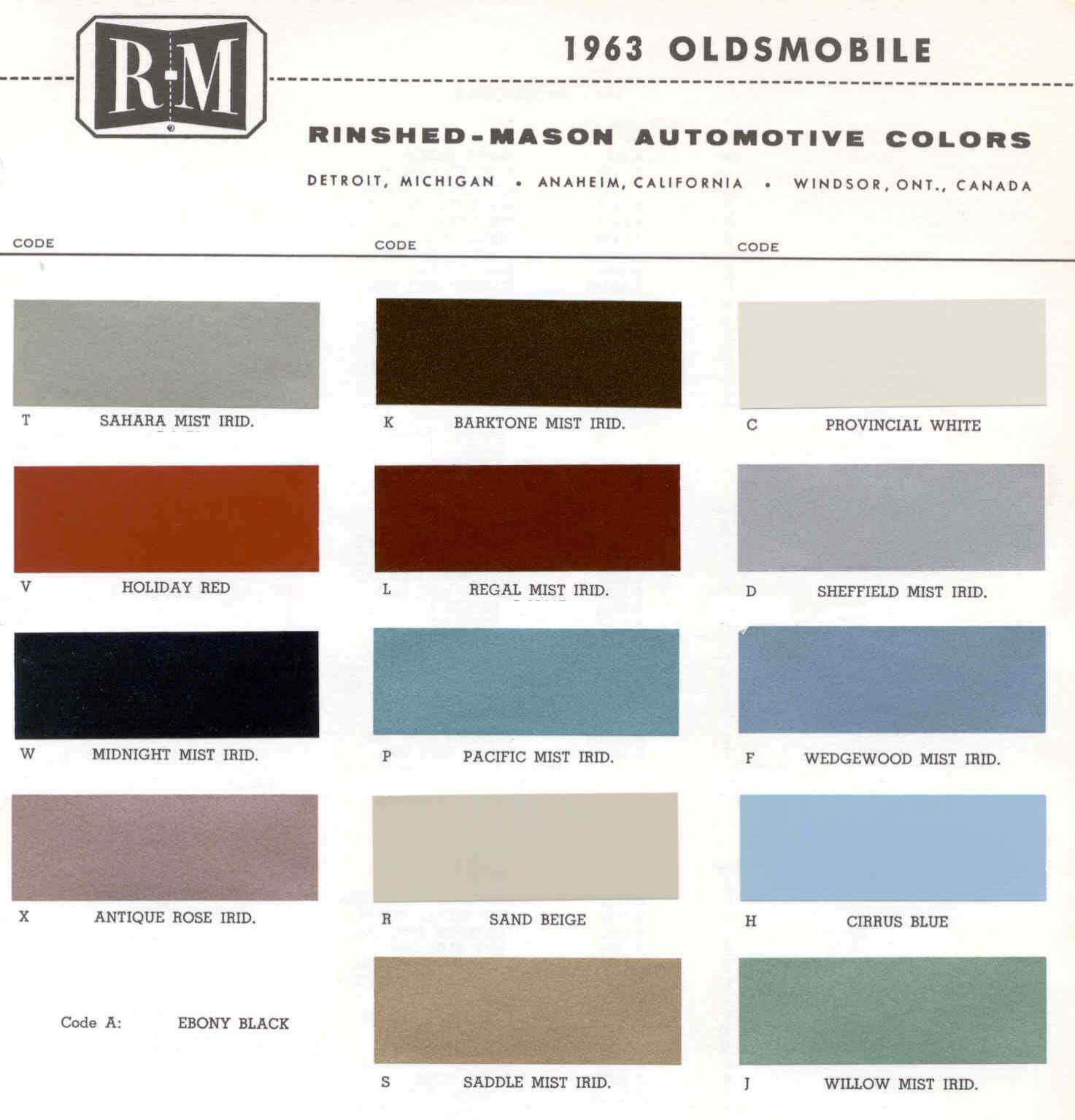 Oldsmobile Paint & Color Code Chart