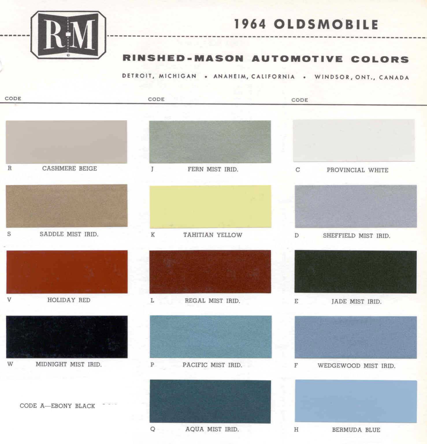 Oldsmobile Paint & Color Code Chart