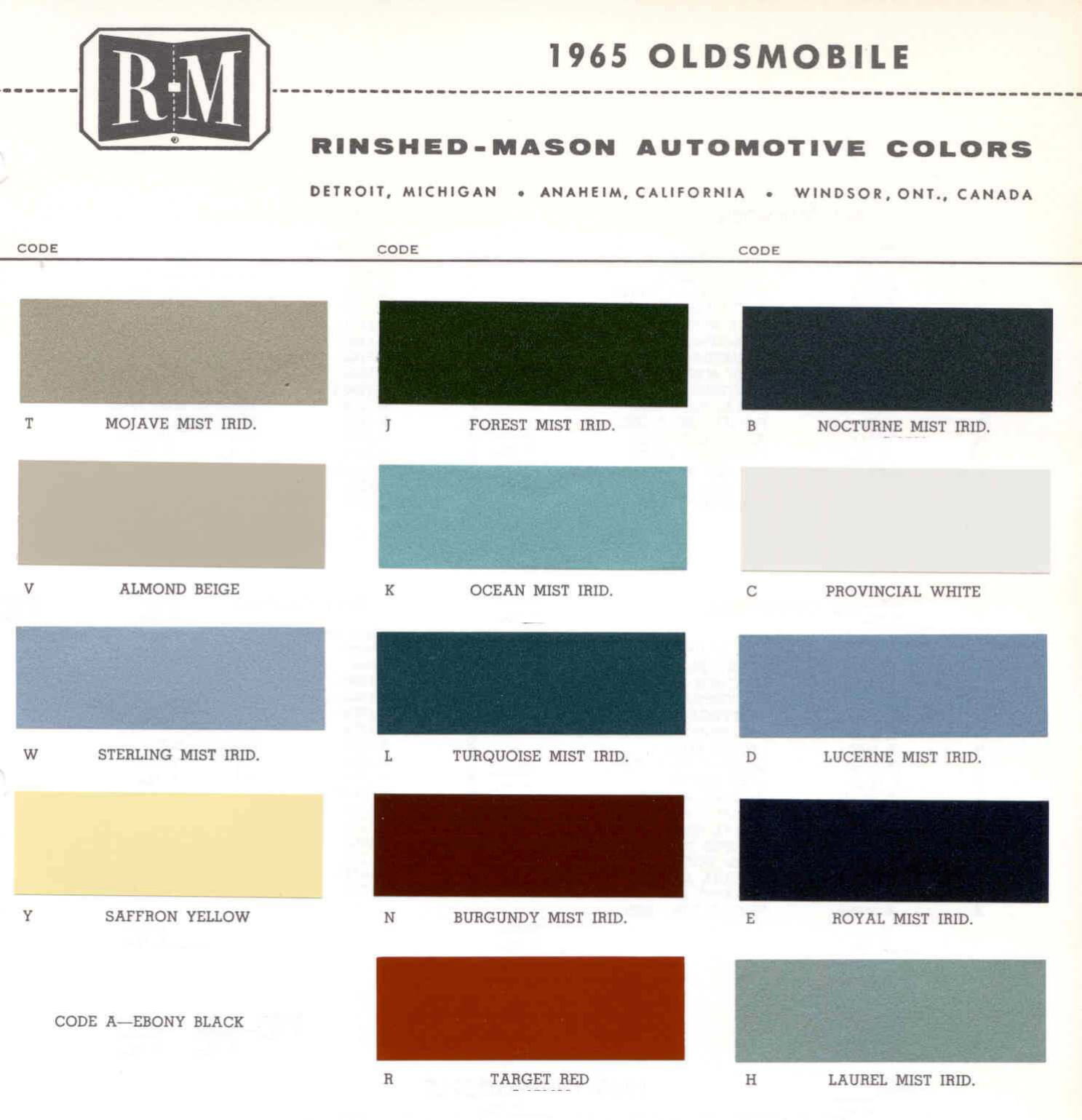 Oldsmobile Paint & Color Code Chart