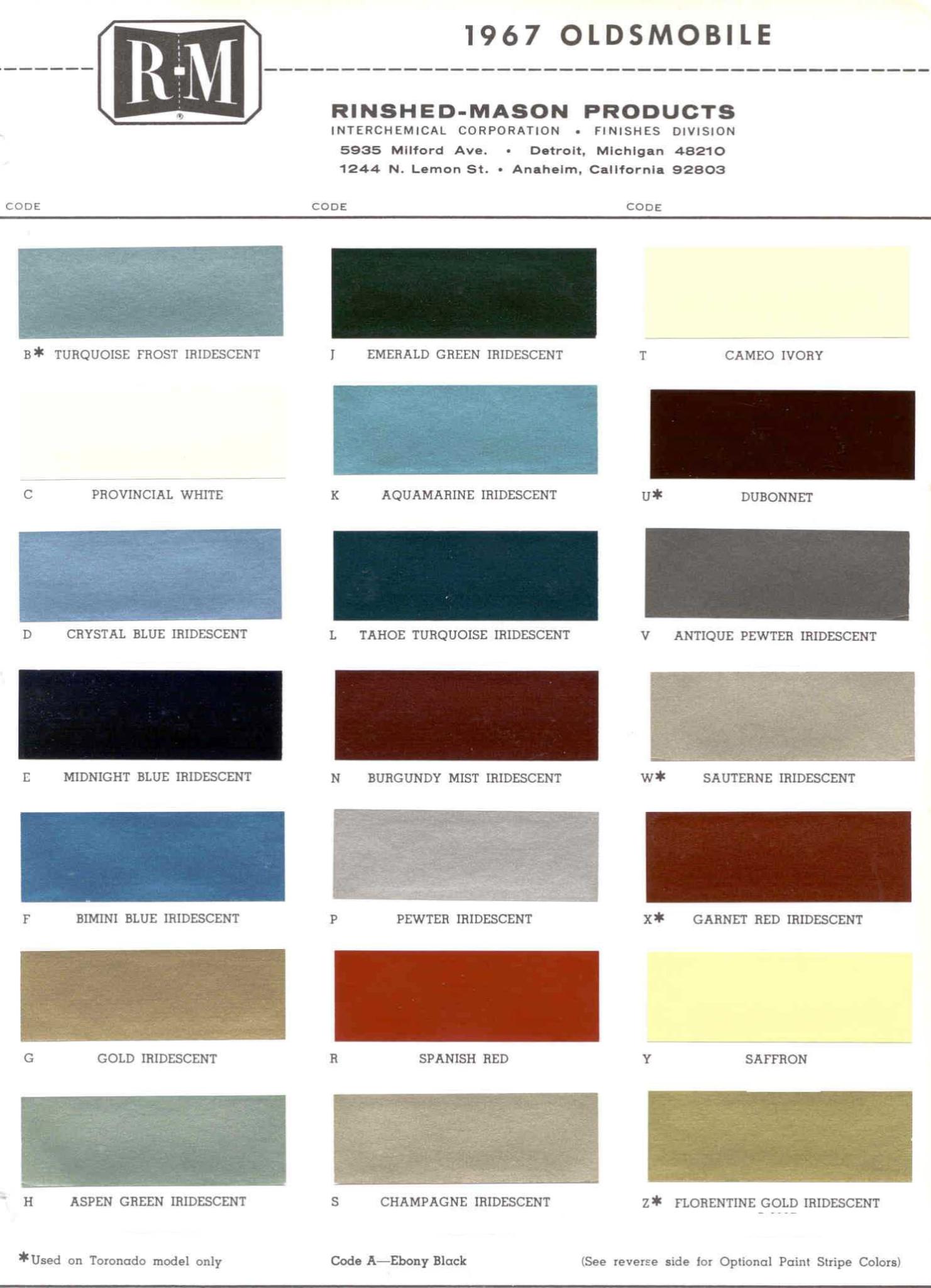 Oldsmobile Paint & Color Code Chart