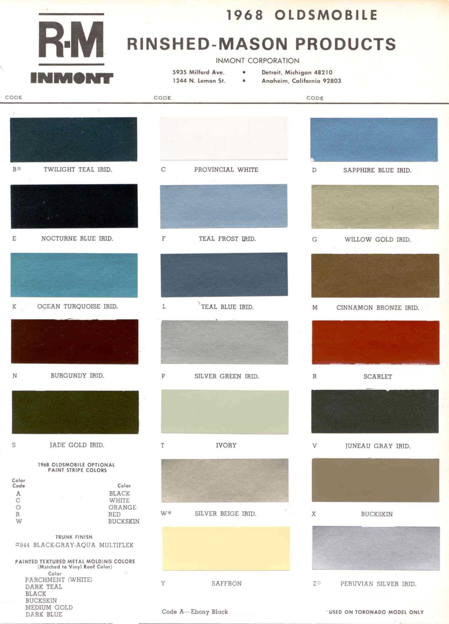 Oldsmobile Paint & Color Code Chart