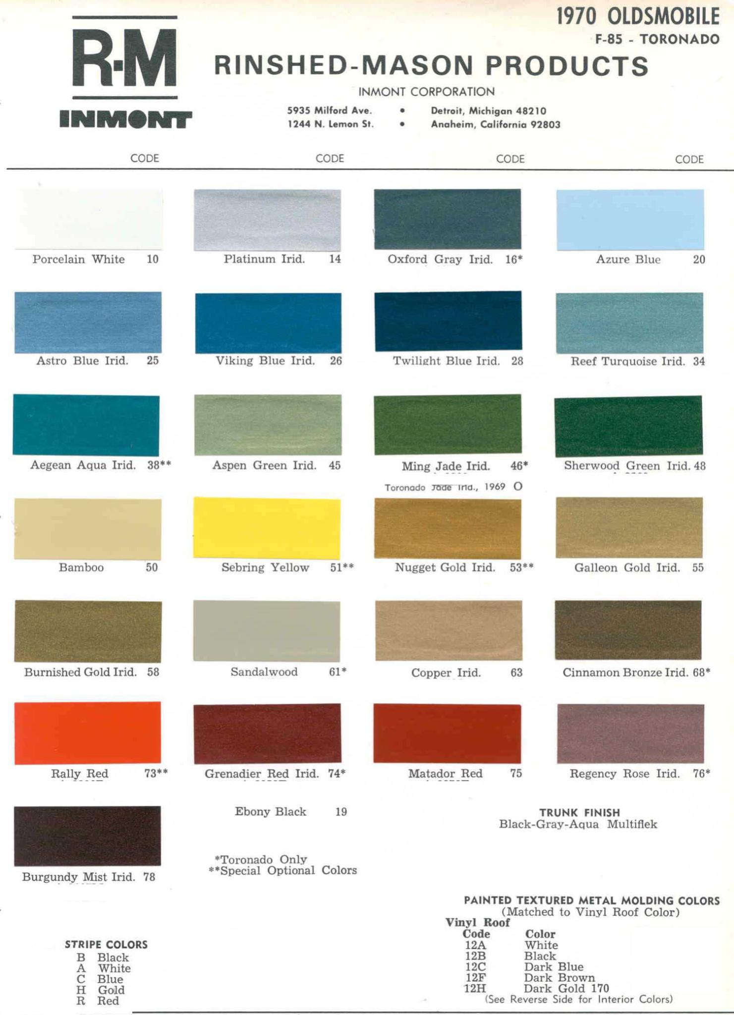 Oldsmobile Paint & Color Code Chart