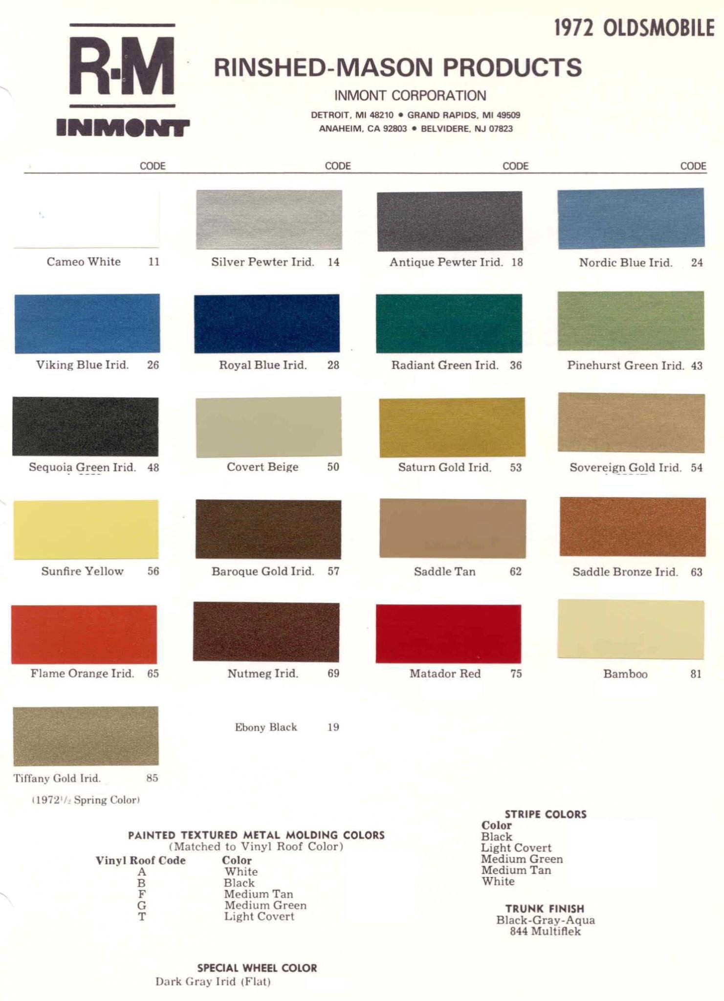 Oldsmobile Paint & Color Code Chart