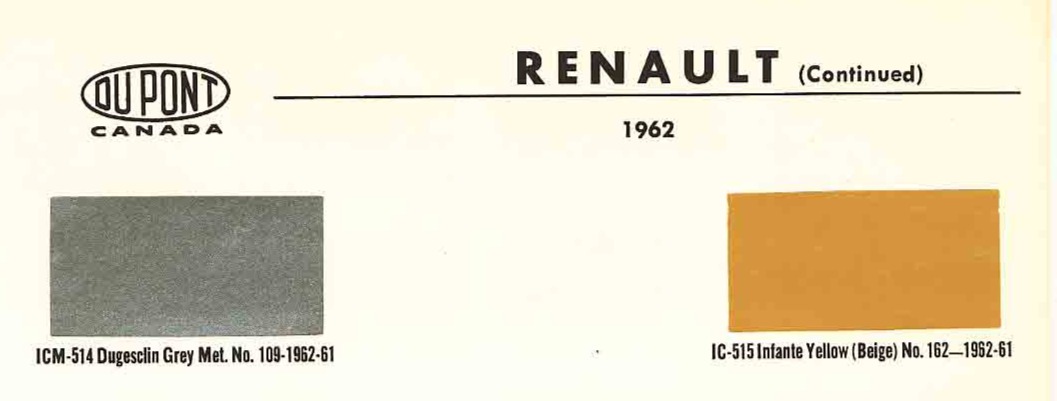 A paint chart for exterior colors, their codes, their names, and swatches for Renault automobiles.