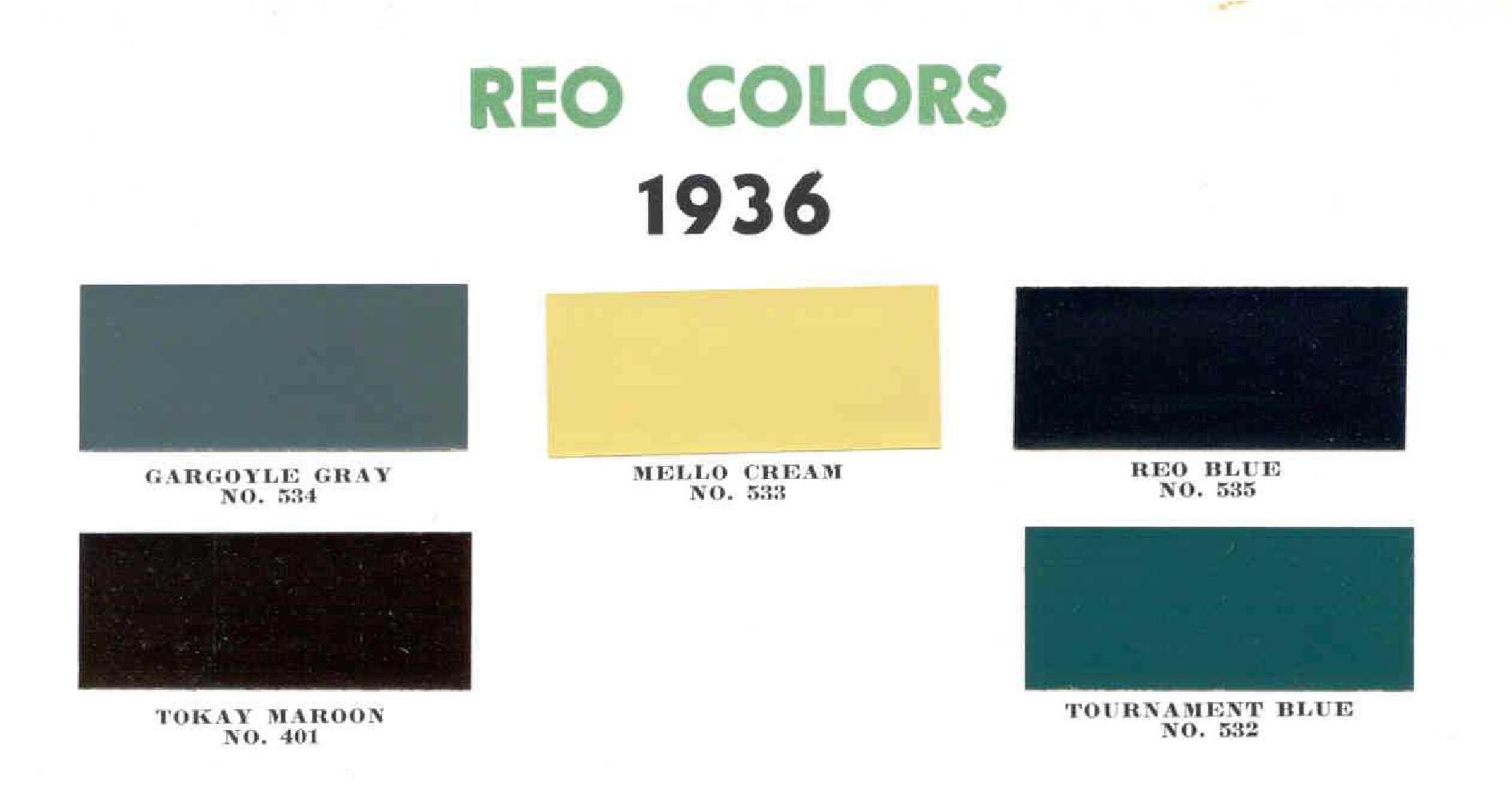 Gargoyle Gray        Code 534  Tokay Maroon        Code 401  Mello Cream           Code 533  Reo Blue                   Code 535  Tournament Blue Code 532