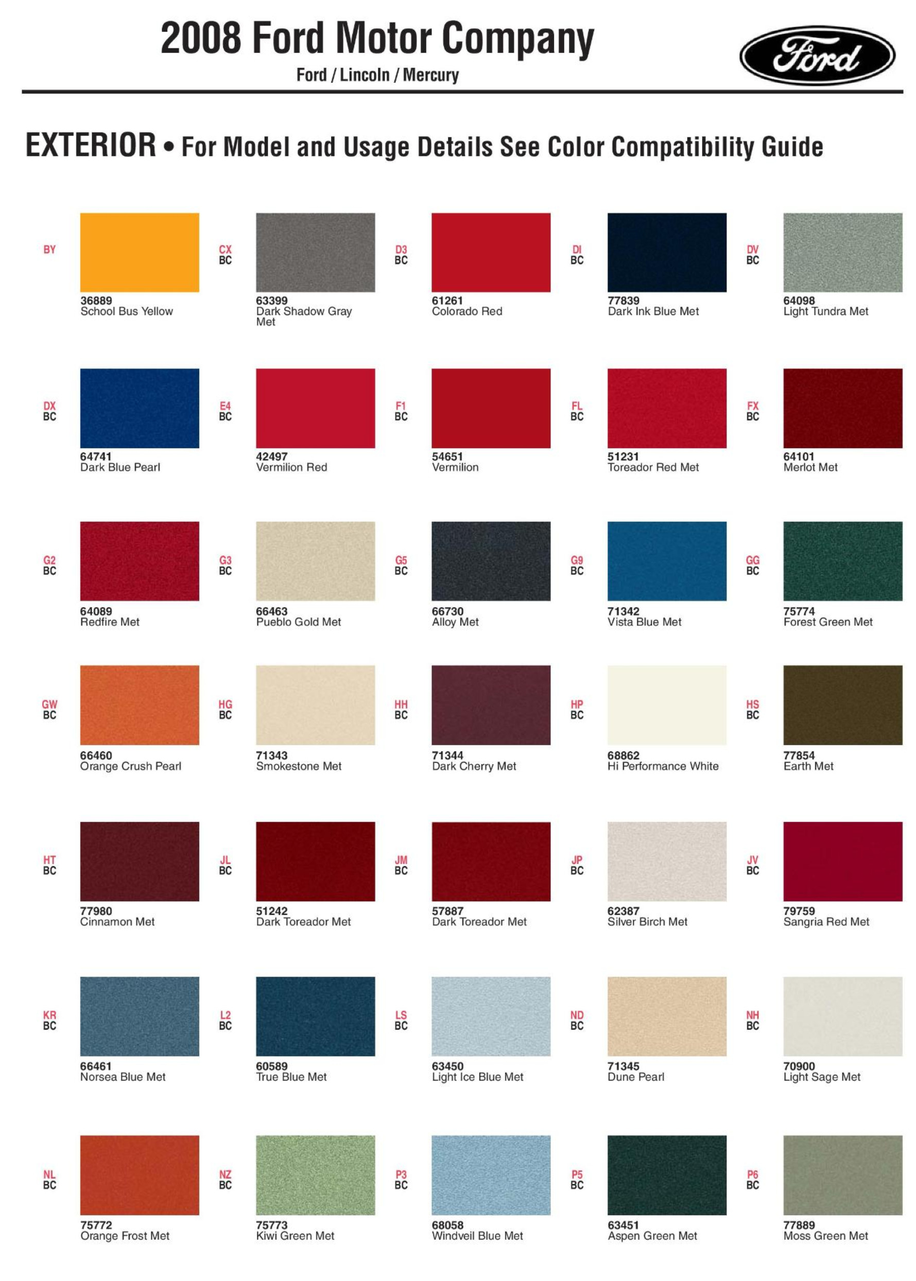 Ford Motor Vehicle Color Code Chart/Page Paint