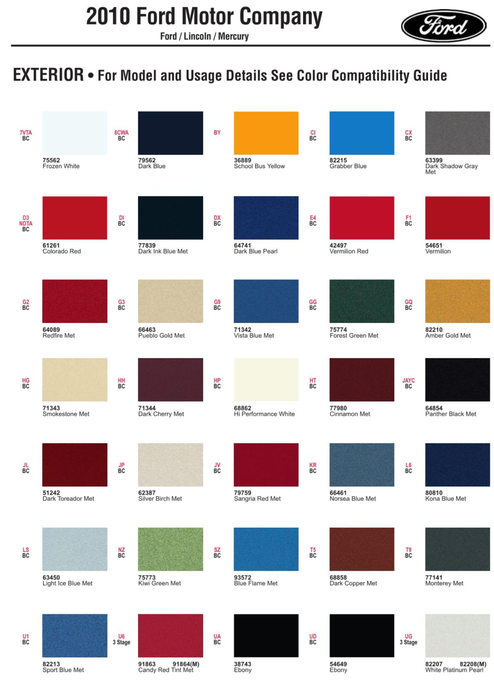 Ford Motor Vehicle Color Code Chart/Page Paint