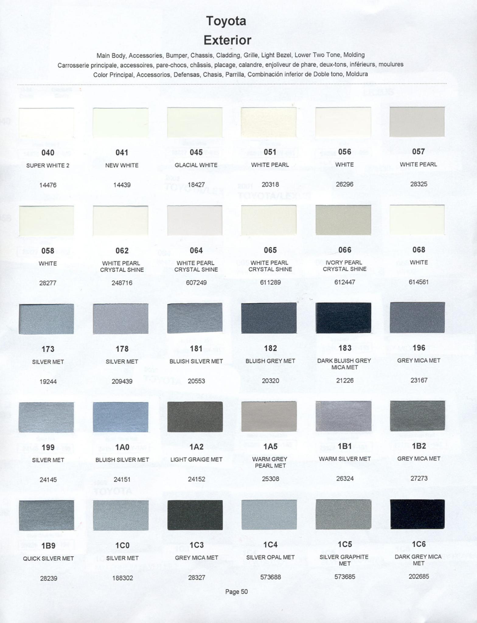 Toyoto / Lexus Paint Code and Color Chart