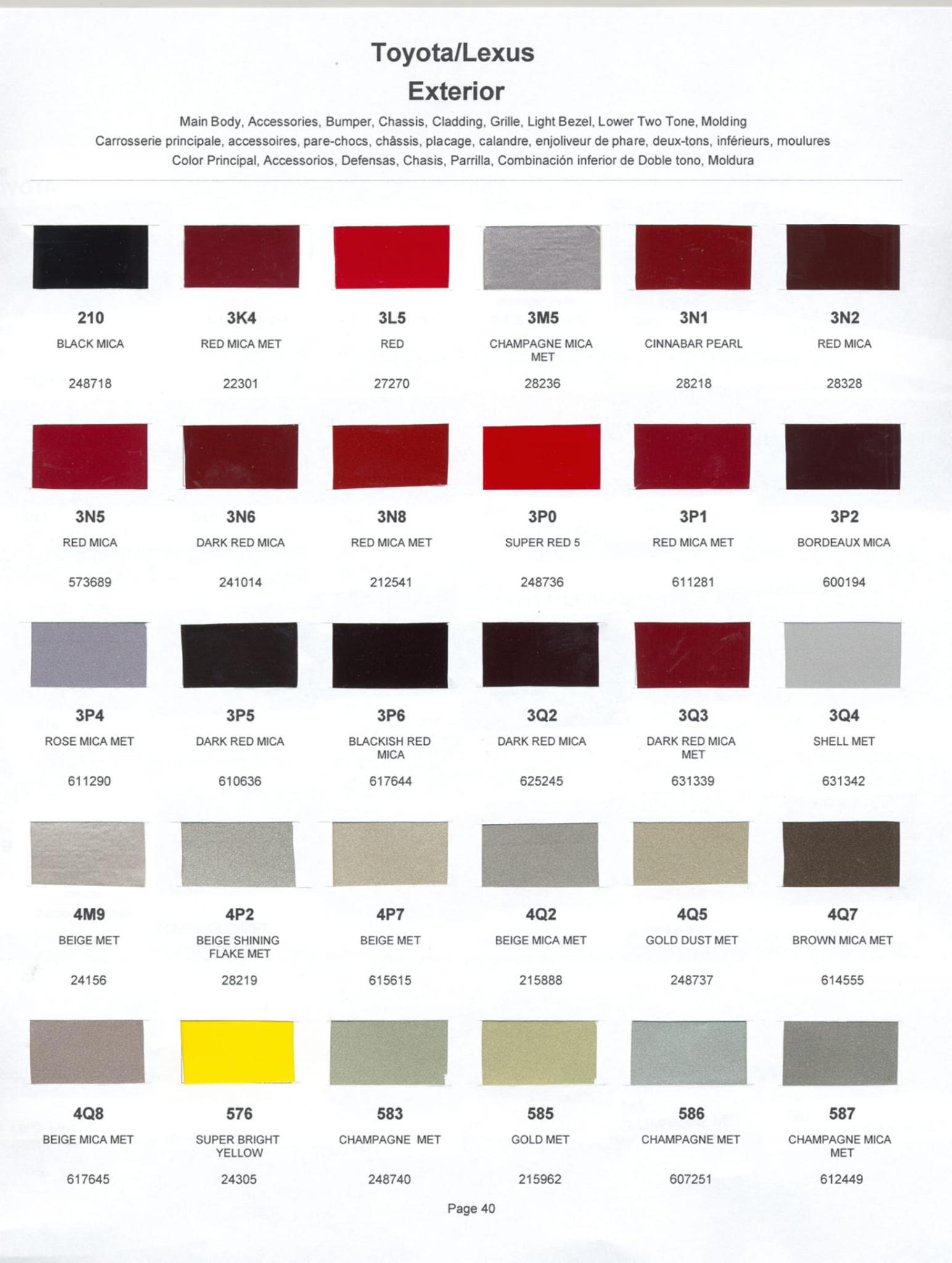 Toyoto / Lexus Paint Code and Color Chart