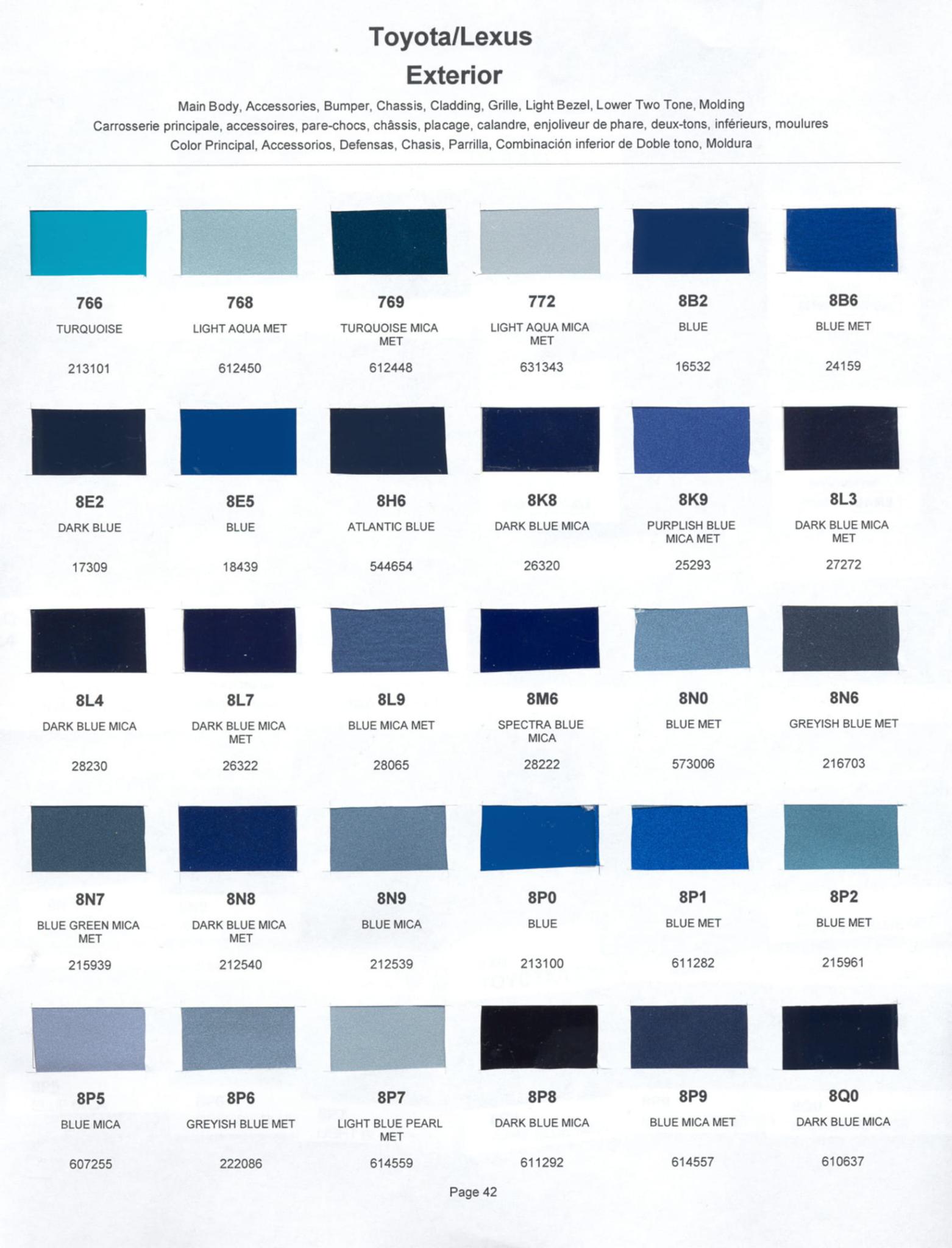 Toyoto / Lexus Paint Code and Color Chart