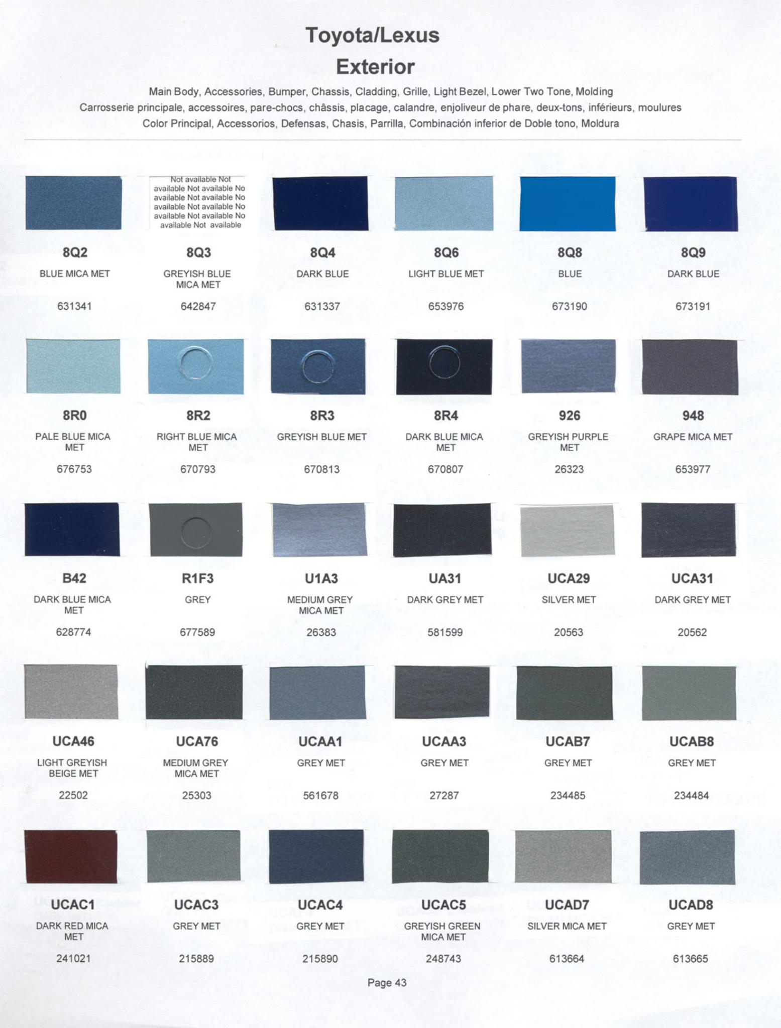 Toyoto / Lexus Paint Code and Color Chart